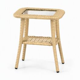RYHNUYNE - Outdoor 2-Tier Wicker Patio Side Table with Tempered Glass Top Storage Shelf,End Table for Balcony Garden Porch - Yellow