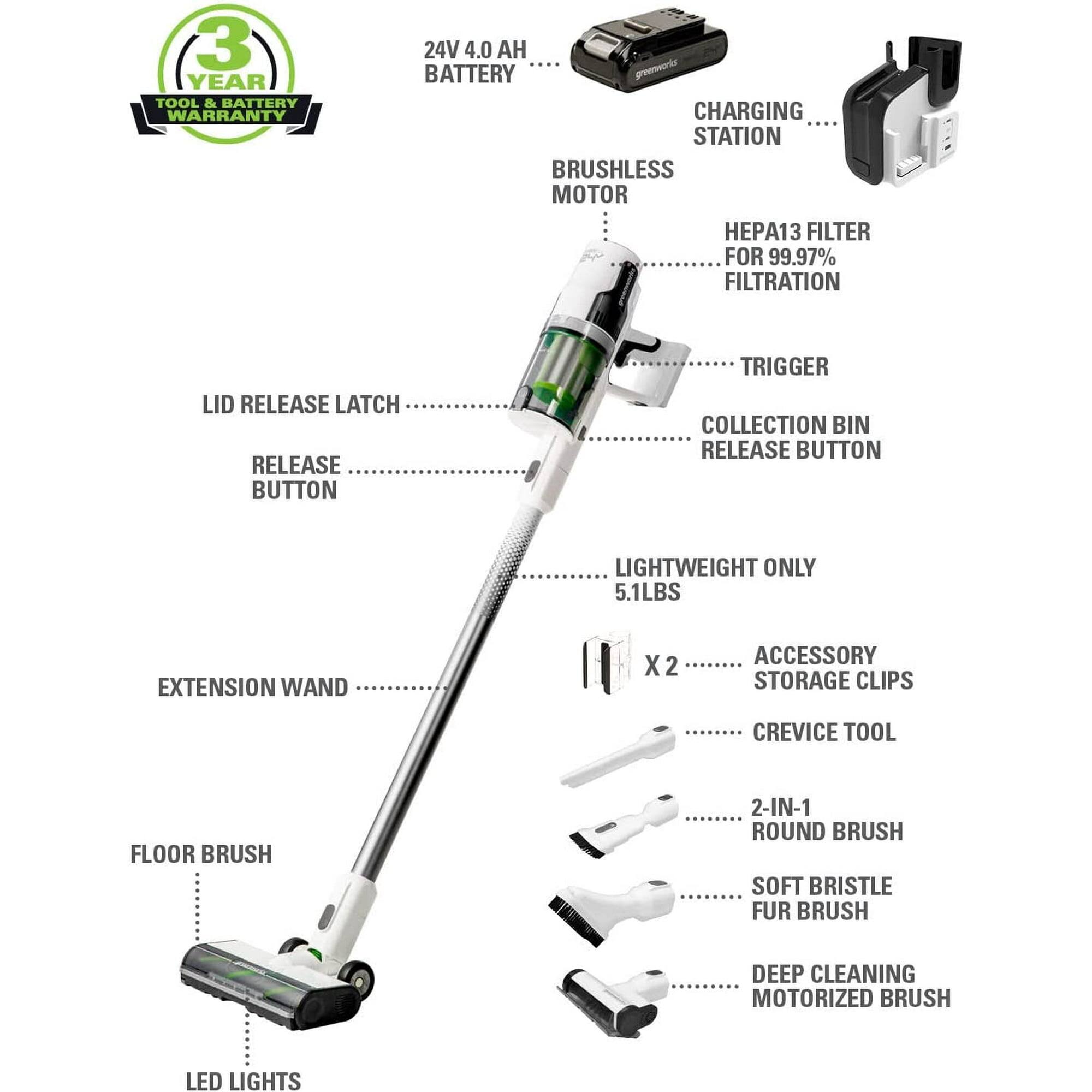 3 YEAR TOOL & BATTERY WARRANTY

24V 4.0 AH BATTERY

BRUSHLESS MOTOR

HEPA13 FILTER FOR 99.97% FILTRATION

CHARGING STATION

LID RELEASE LATCH

RELEASE BUTTON

TRIGGER

COLLECTION BIN RELEASE BUTTON

LIGHTWEIGHT ONLY 5.1LBS

EXTENSION WAND

ACCESSORY STORAGE CLIPS X2

CREVICE TOOL

2-IN-1 ROUND BRUSH

SOFT BRISTLE FUR BRUSH

DEEP CLEANING MOTORIZED BRUSH

LED LIGHTS

FLOOR BRUSH