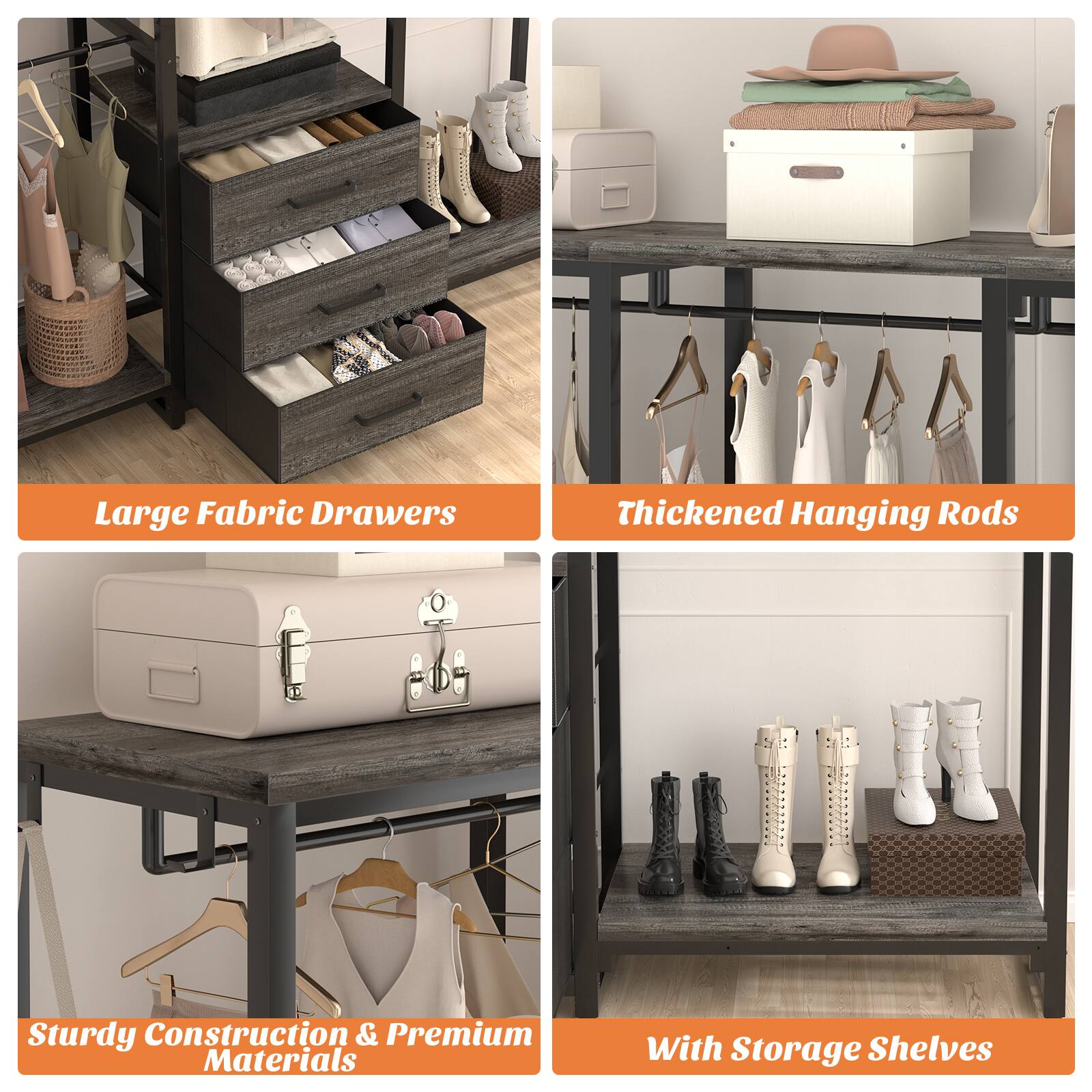 - Large Fabric Drawers
- Thickened Hanging Rods
- Sturdy Construction & Premium Materials
- With Storage Shelves