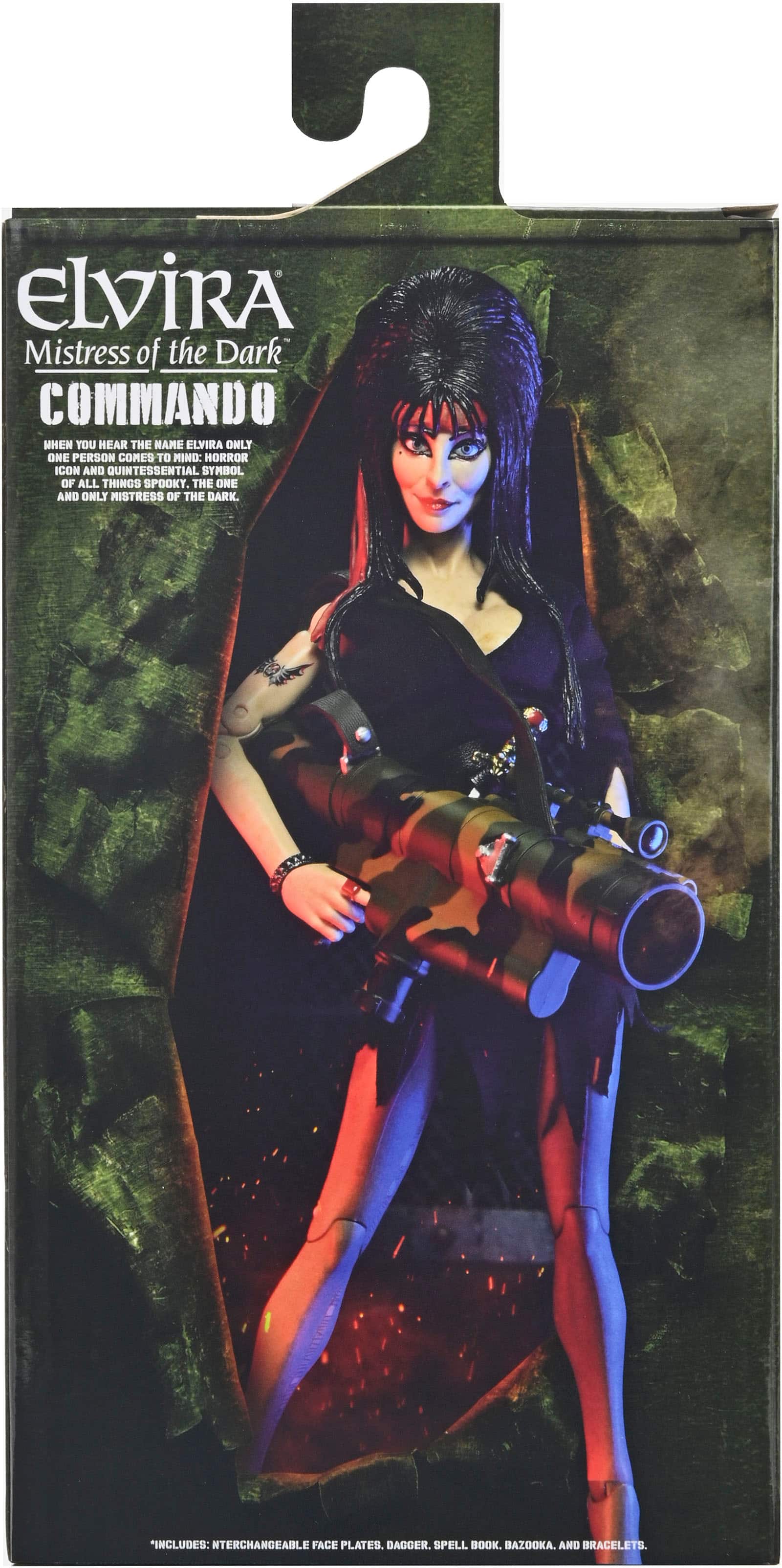 ELVIRA Mistress of the Dark COMMANDO: When you hear the name ELVIRA, only one person comes to mind: the Horror Queen and quintessential symbol of all things spooky. The one and only Mistress of the Dark. "Includes: Interchangeable face plates. Dagger. Spell book. Bazooka. And bracelets."