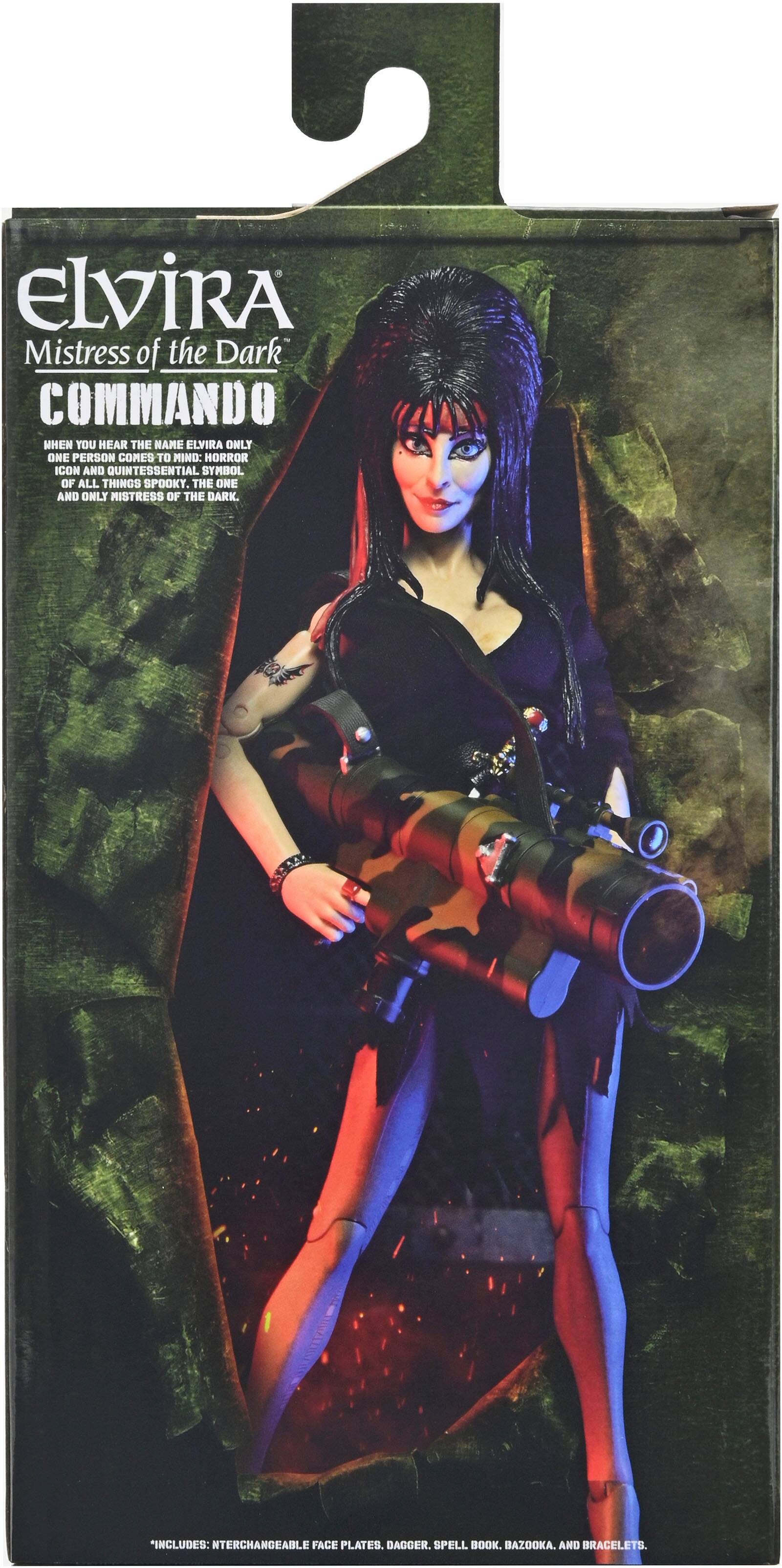 ELVIRA Mistress of the Dark COMMANDO: When you hear the name ELVIRA, only one person comes to mind: the Horror Queen and quintessential symbol of all things spooky. The one and only Mistress of the Dark. "Includes: Interchangeable face plates. Dagger. Spell book. Bazooka. And bracelets."