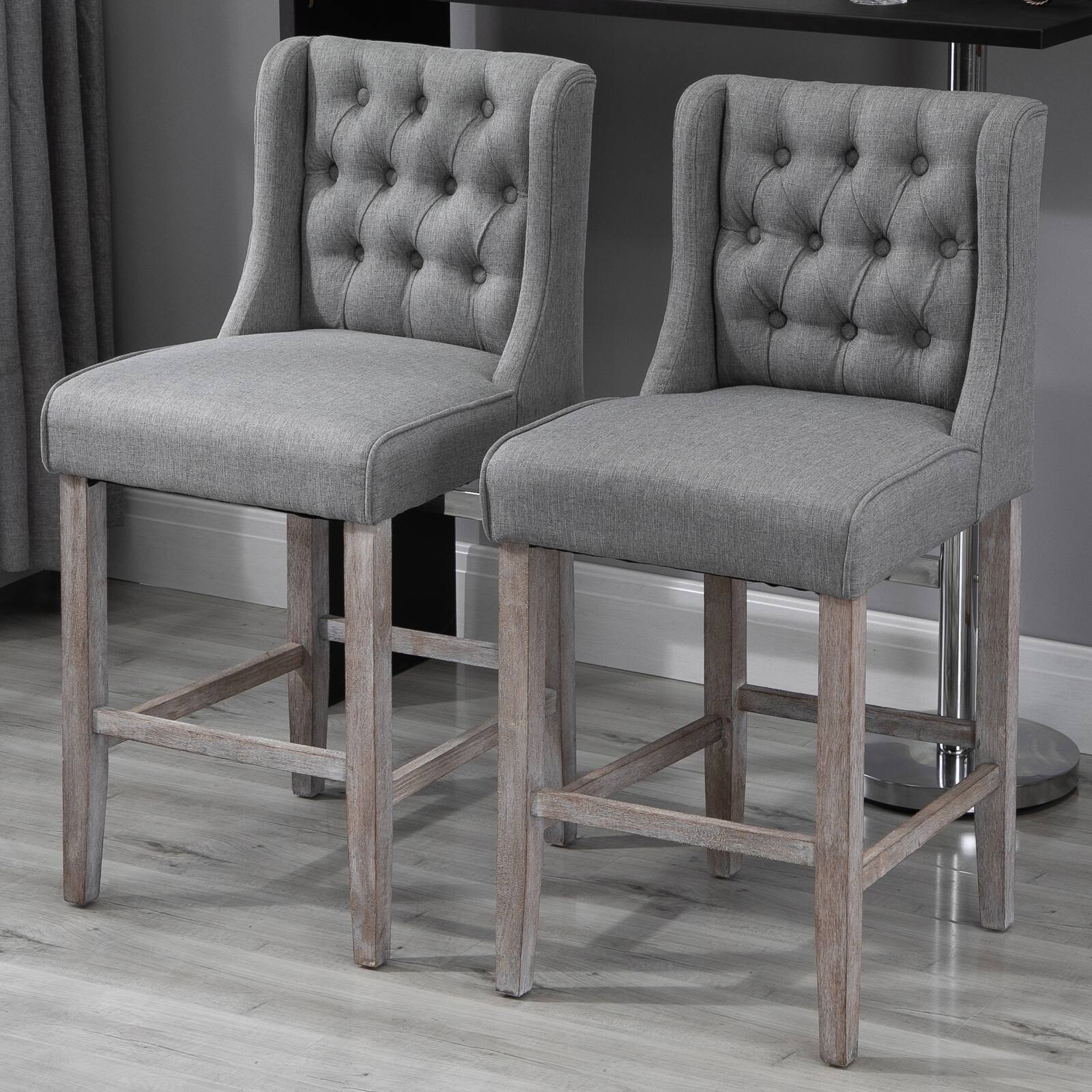 Alt View 1. Homcom - 26.25" Counter Height Bar Stools, Tufted Wingback Armless Upholstered Dining Chair with Rubber Wood Legs, Set of 2 - gray.