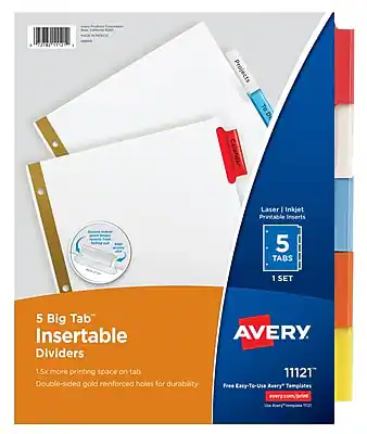 Sure, here is the corrected and grouped text:
---
**AVERY 11121**
**5 Big Tab Insertable Dividers**
- **Laser | Inkjet Printable Inserts**
- **5 Tabs**
- **1 Set**
- **1.5x more printing space on tab**
- **Double-sided gold reinforced holes for durability**
**Free Easy-To-Use Avery Templates**
- **Avery.com/templates**
**Product Details:**
- **Item Number:** 11121
- **Size:** 5 Tabs
- **Material:** Paper
- **Color:** White
- **Quantity:** 1 Set
**Features:**
- **1.5x more printing space on tab**
- **Double-sided gold reinforced holes for durability**
**Avery Templates:**
- **Avery.com/templates**
---