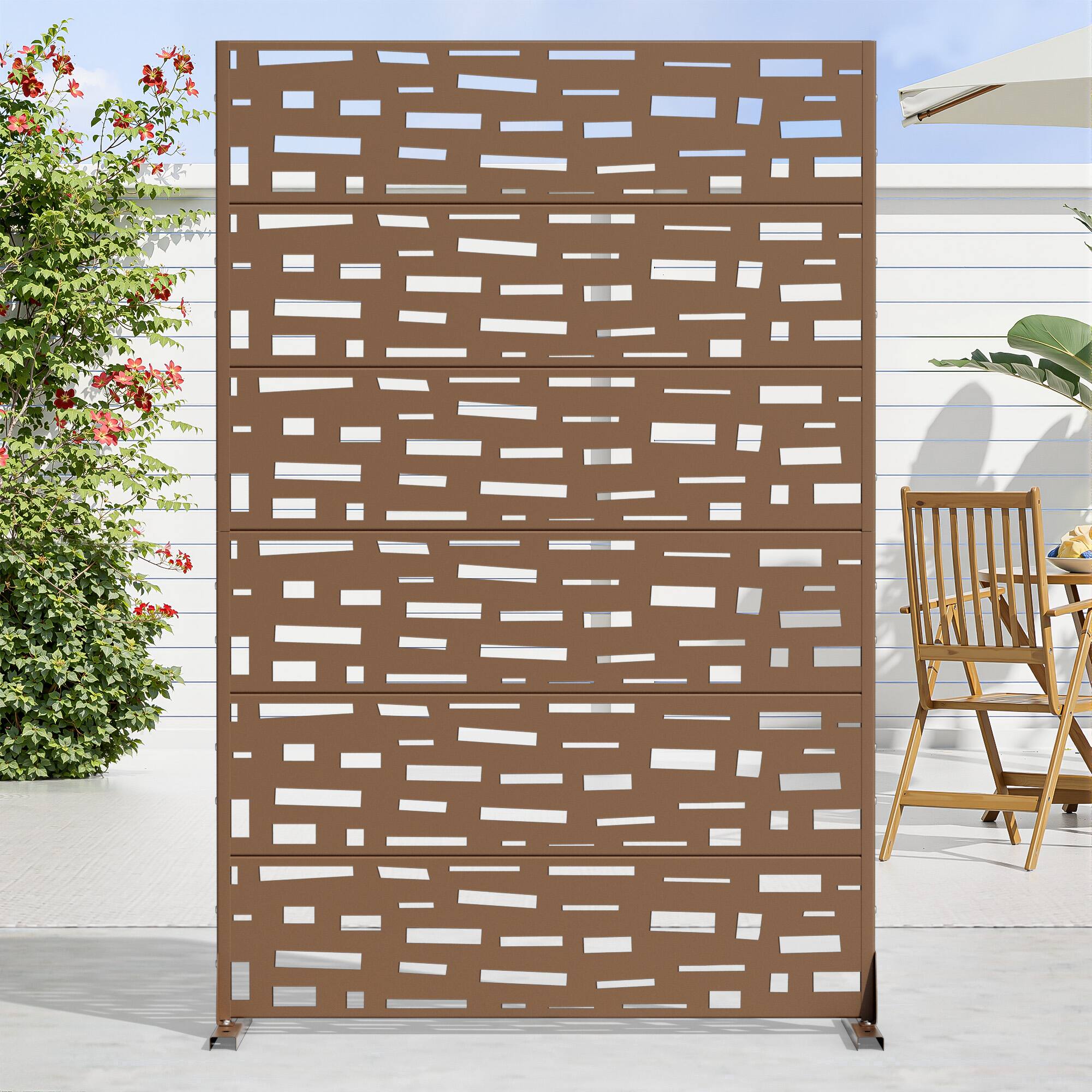 Front. PexFix - 72 in. x 47 in. Gerald Pattern Metal Outdoor Privacy Screen & Panels, Freestanding Garden Divider Fence - Brown.
