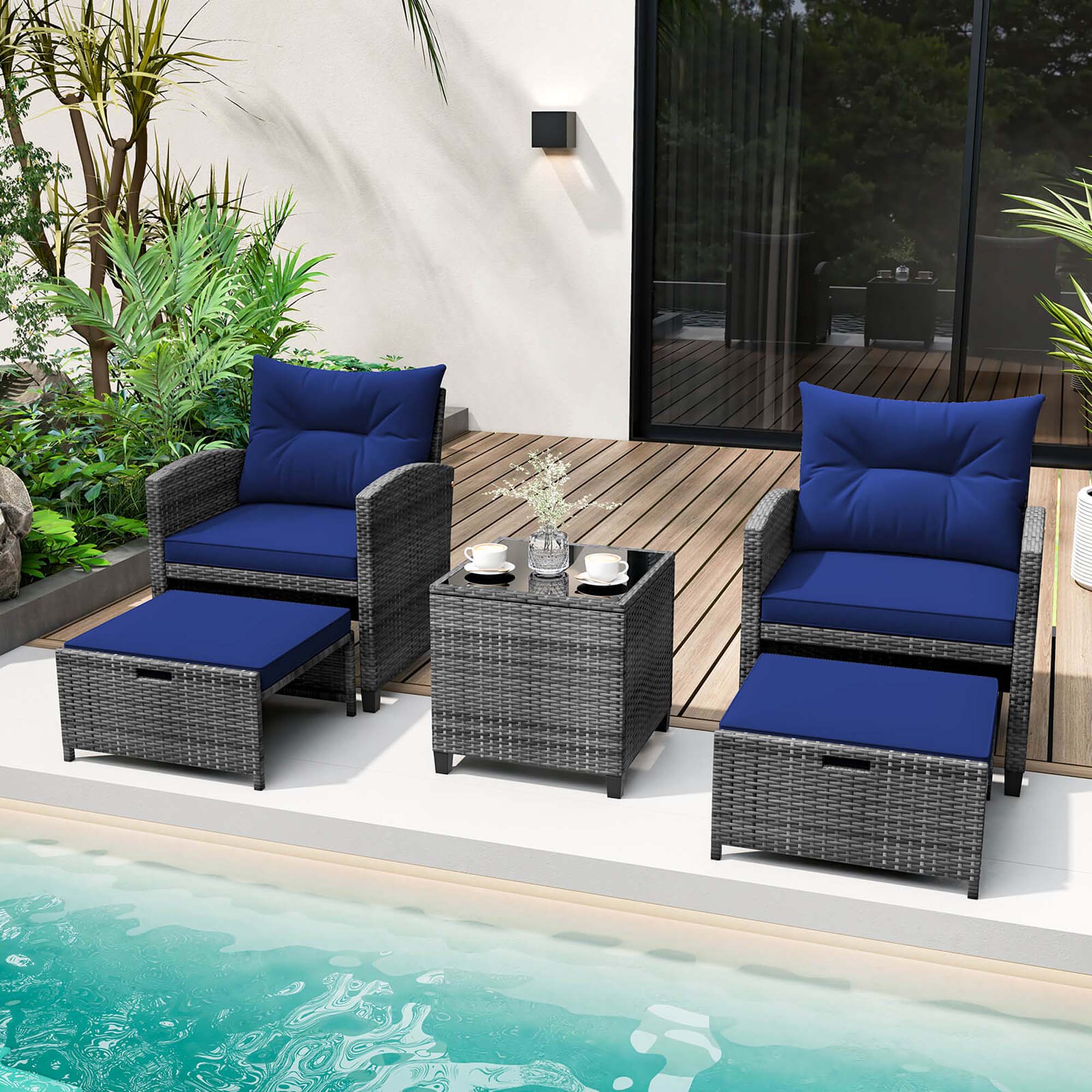 Alt View 1. Costway - 5 Piece Patio Rattan Furniture with 2 Ottomans & Tempered Glass Coffee Table - Navy + Mix Grey.