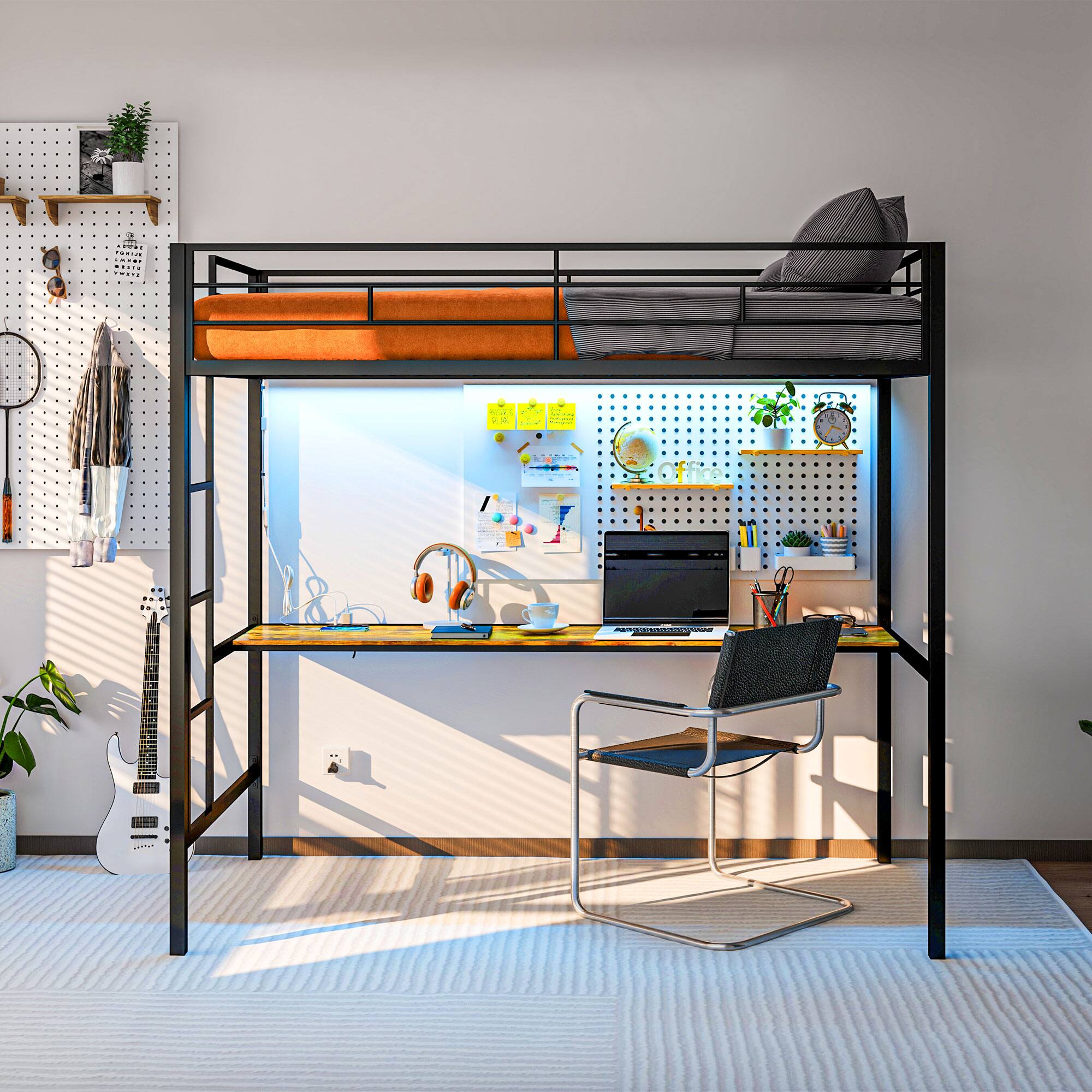 Alt View 5. Homcom - Loft Bed Twin Size with Desk, LED Lights, Charging Station, Metal Loft Bed Frame for Teens and Adults - Black.