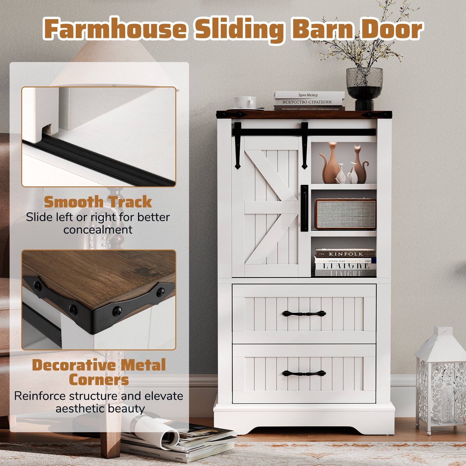 Farmhouse Sliding Barn Door

Smooth Track
Slide left or right for better concealment

Decorative Metal Corners
Reinforce structure and elevate aesthetic beauty