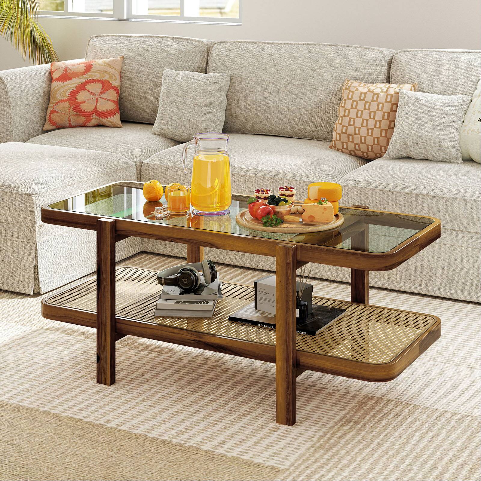Alt View 7. Ecooso - 2-Tier Coffee Table with Storage and Tempered Glass Tabletop, Modern Rectangular Center Table - Brown.