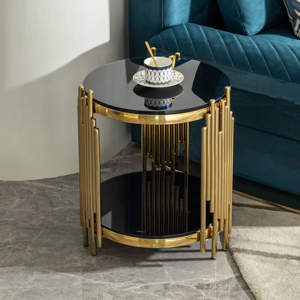 Alt View 1. Loheer - Loheer Round End Table Black Glass Side Table Gold Metal Frame - Black.