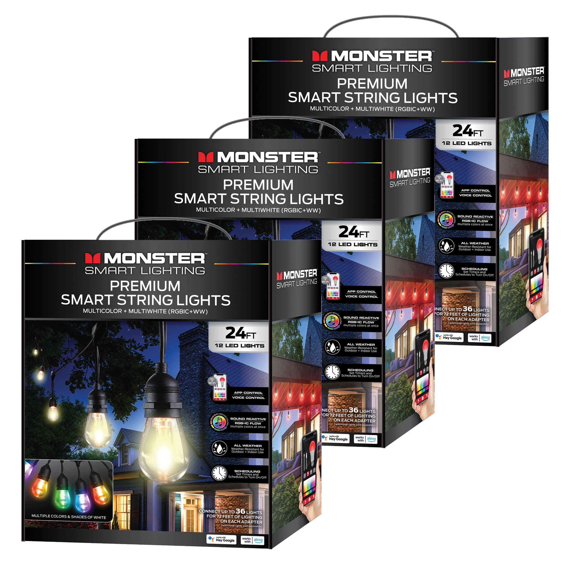 Monster - 72 ft Smart String Lights with 24 LED Lights for Outdoor Lighting & Backyard Lights - Multicolor