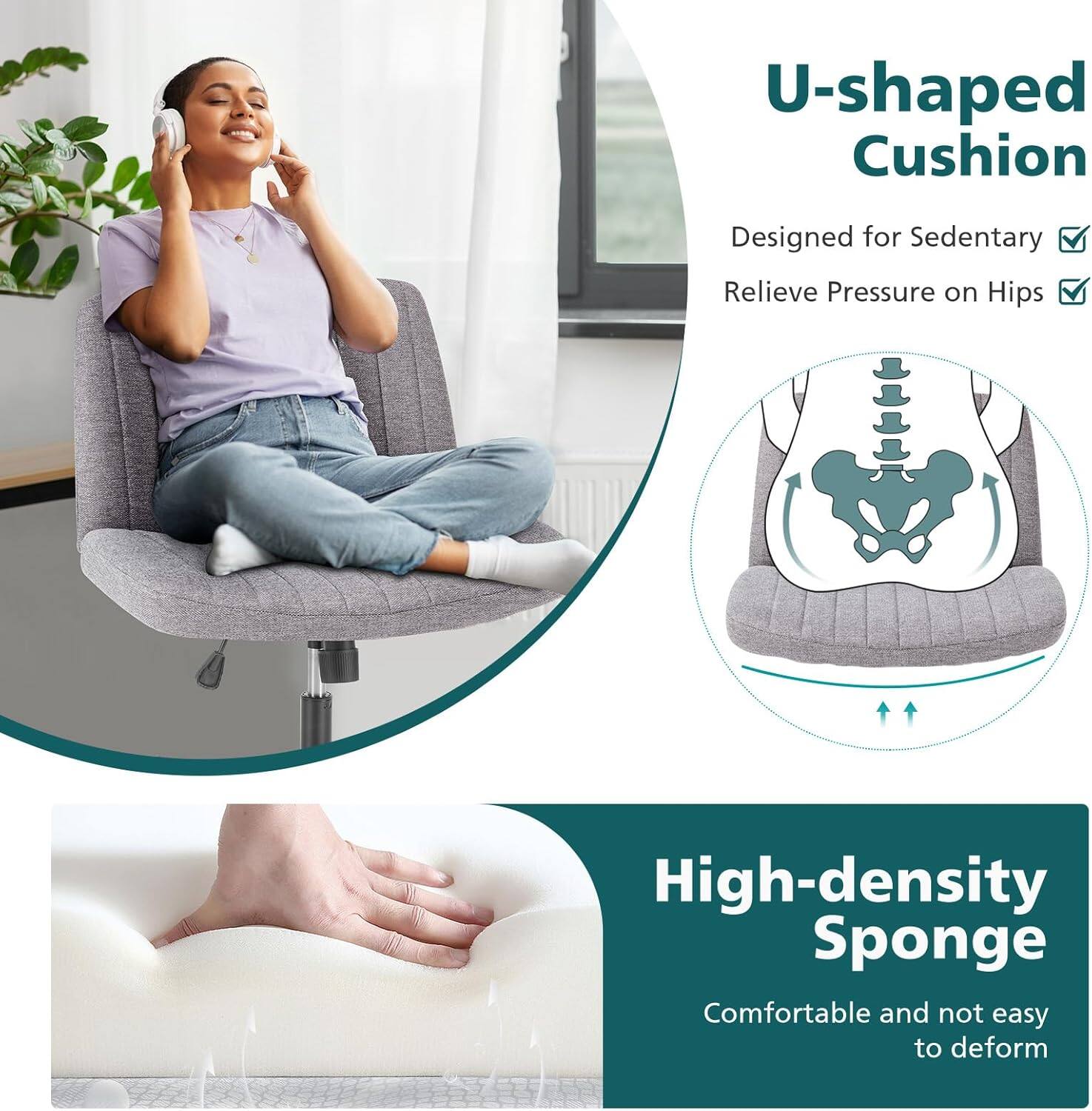 U-shaped Cushion  
Designed for Sedentary  
Relieve Pressure on Hips  

High-density Sponge  
Comfortable and not easy to deform