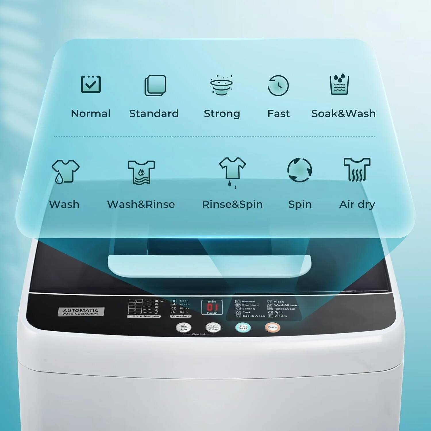 Normal  
Standard  
Strong  
Fast  
Soak&Wash  

Wash  
Wash&Rinse  
Rinse&Spin  
Spin  
Air dry  

AUTOMATIC  
WASHING MACHINE  

- an .... da ... 4 SIN..  
- a 01 I ROCE ME - En - 6. Stondard 0N Wan&Re B. Strana EN RincehTpin TL Fee 1 Sps 1n SA4k&Wass  
- nar + Catan |