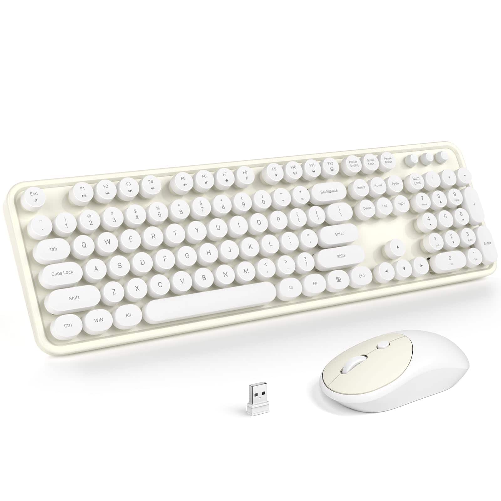 PRIMEPLUS - Keyboard Mouse Combo Wireless 2.4G Mixed Color 110 Key Keyboard Mouse Set with Round Punk Keycaps - Off White