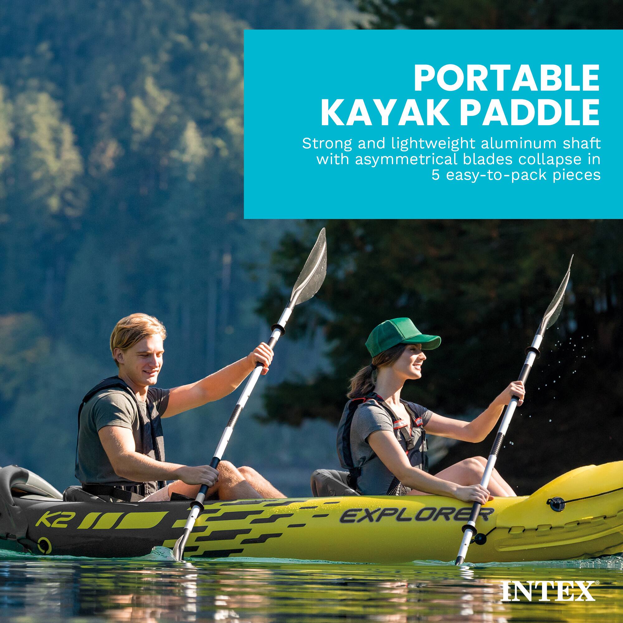 PORTABLE KAYAK PADDLE

Strong and lightweight aluminum shaft with asymmetrical blades collapse in 5 easy-to-pack pieces

k2 EXPLORER

INTEX