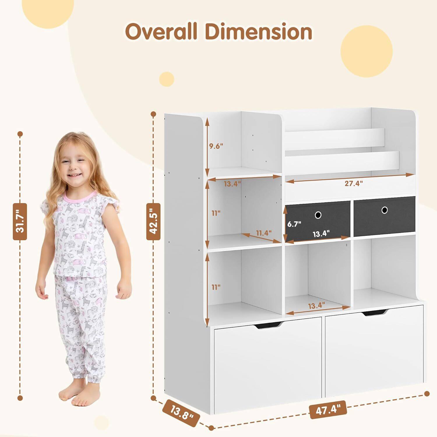 Overall Dimension: 9.6" x 13.4" x 27.4" x 31.7" x 42.5" x 11" x 11.4" x 6.7" x 13.4" x 11" x 13.4" x 13.8" x 47.4"