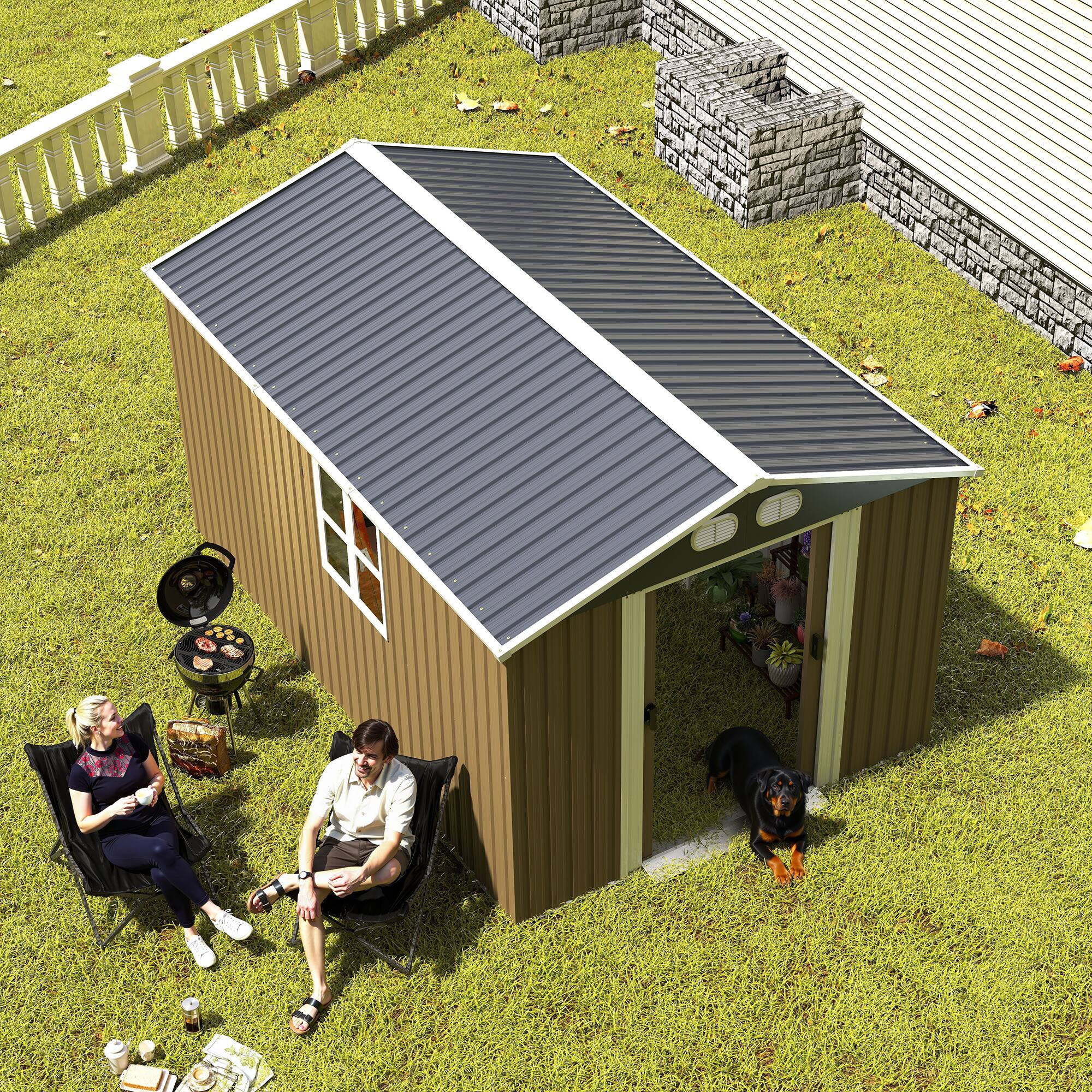 Alt View 1. Anysun - 8x12ft Metal Storage Shed with Lockable Door & Ventilation, Heavy-Duty Outdoor Garden Tool Shed for Backyard or Lawn - Brown.