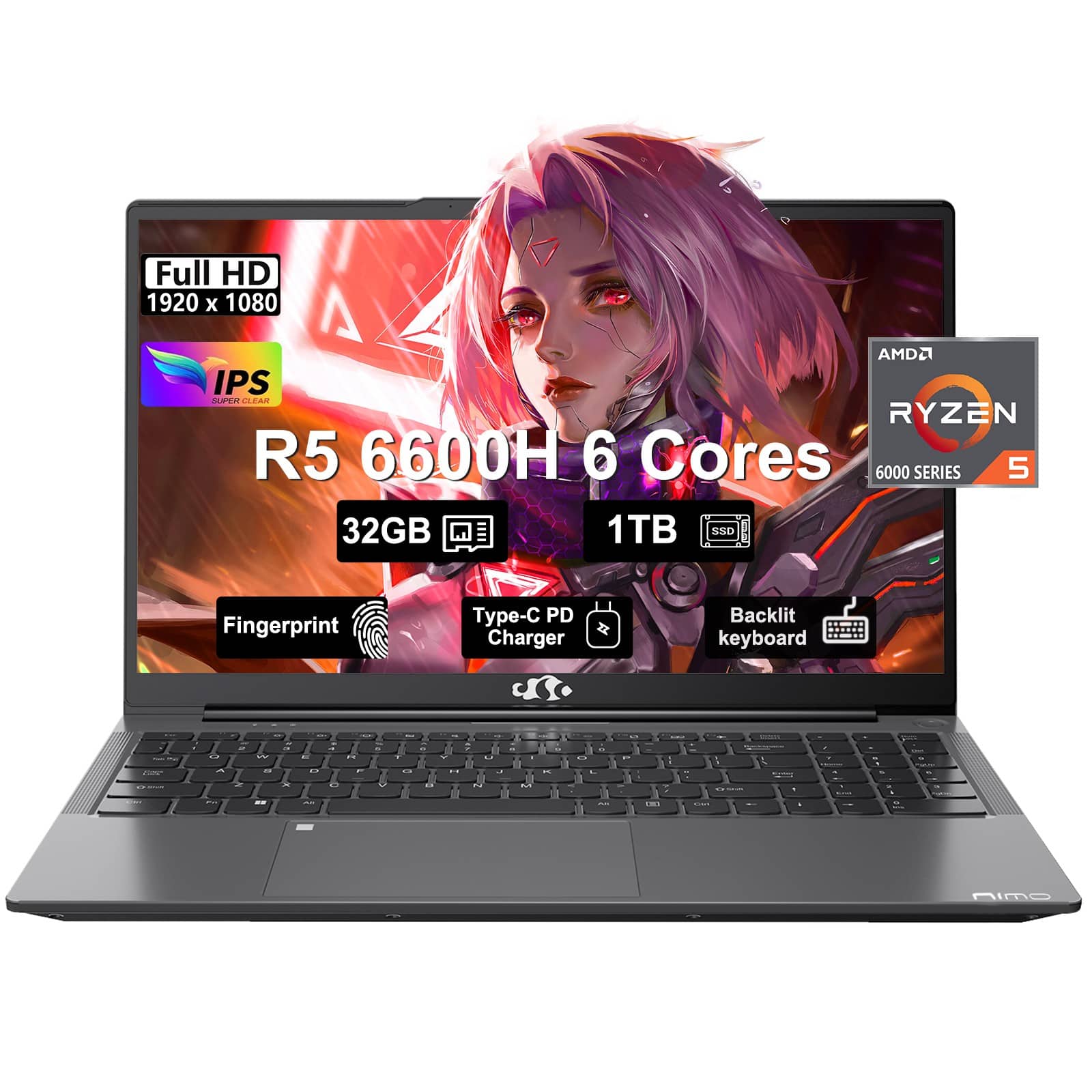 NIMO - 15.6 Gaming Laptop AMD Ryzen 5 6600H 6-Cores 32GB DDR5 RAM 1TB SSD 4.5GHz - Gray