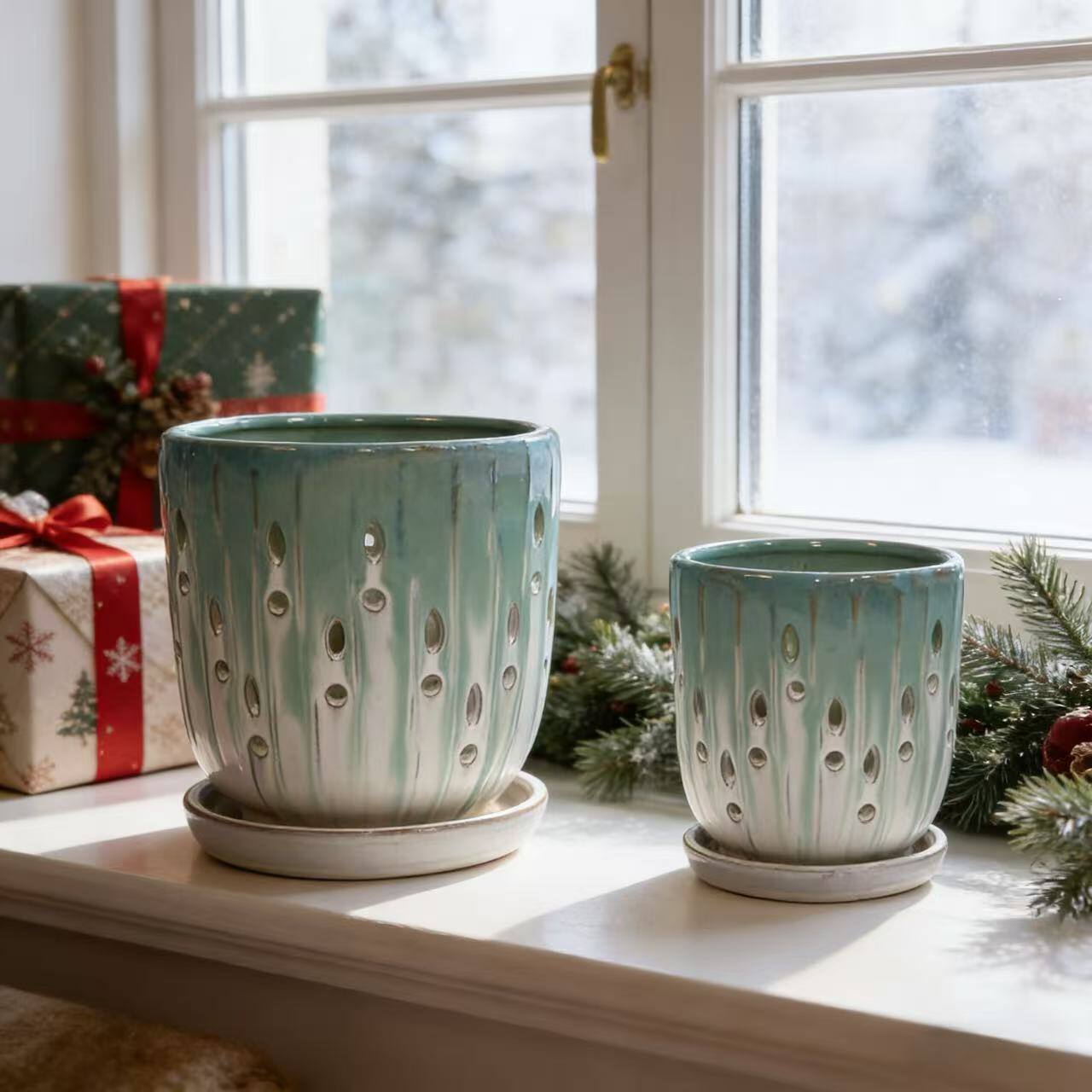 Left. Loheer - Ceramic Planter Set Loheer Handmade Green White Pots with Drainage Saucers for Orchids Succulents Indoor Outdoor.