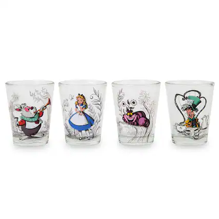 Front. Disney - Disney Alice in Wonderland Character Scenes Mini Shot Glasses | Set of 4 - Blue.