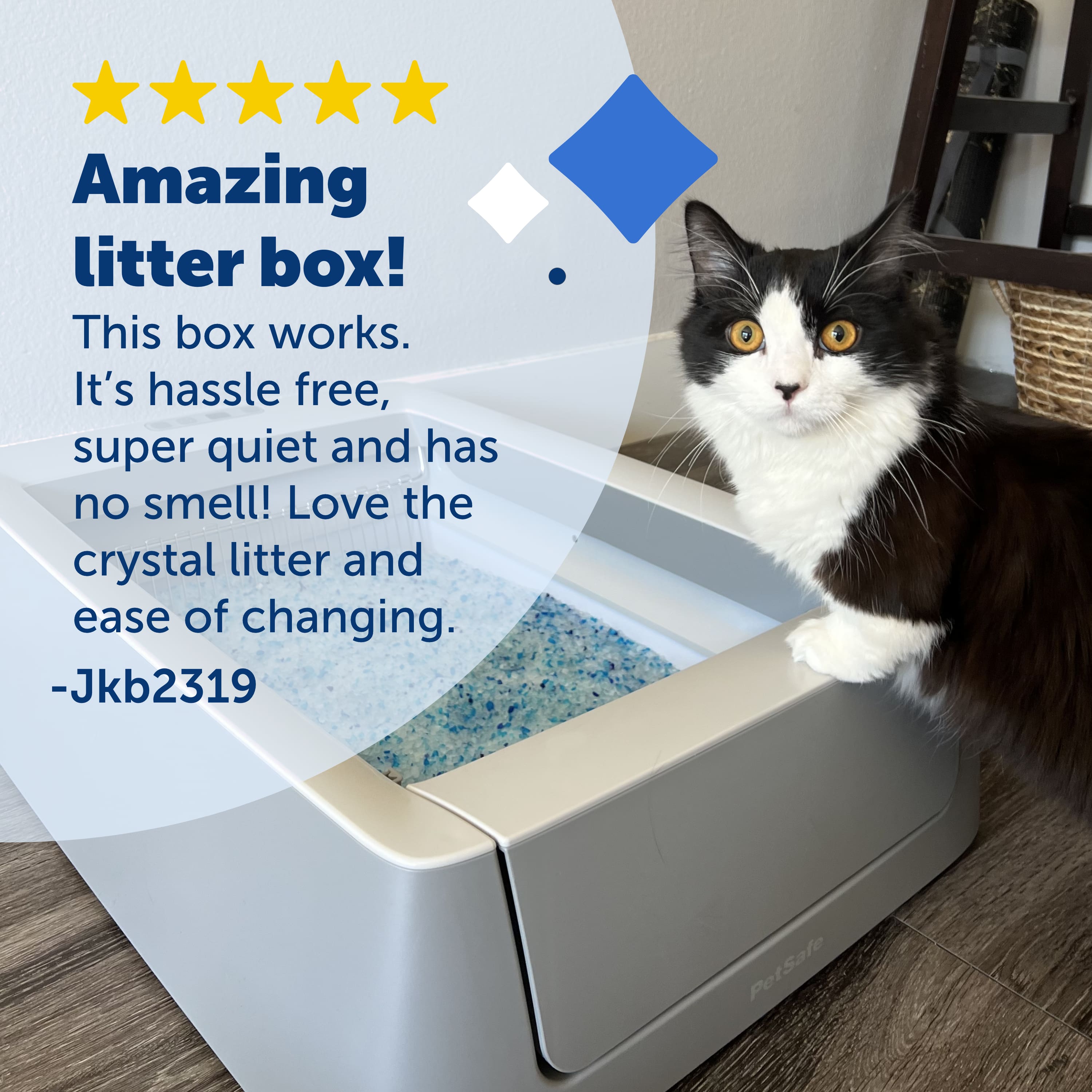 Amazing litter box! This box works. It's hassle-free, super quiet, and has no smell! Love the crystal litter and ease of changing. -Jkb2319 PotSafe