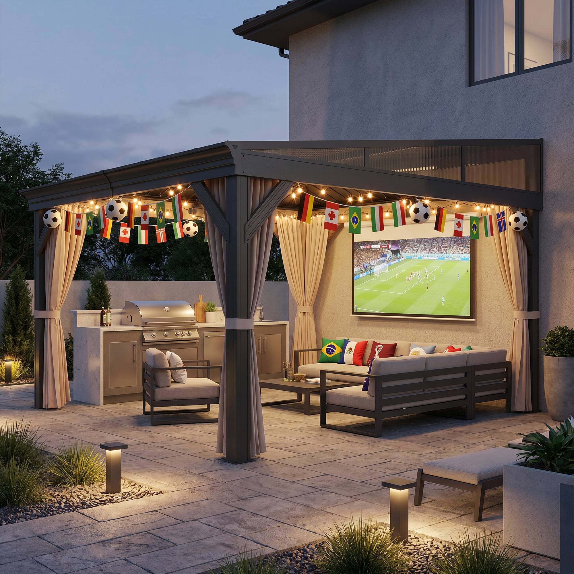 Front. Mondawe - 10x12 ft Wall-Mounted Hardtop Gazebo with Galvanized Steel Roof,  Curtains, and Netting– Buy Now & Get a Free Flag - Black.