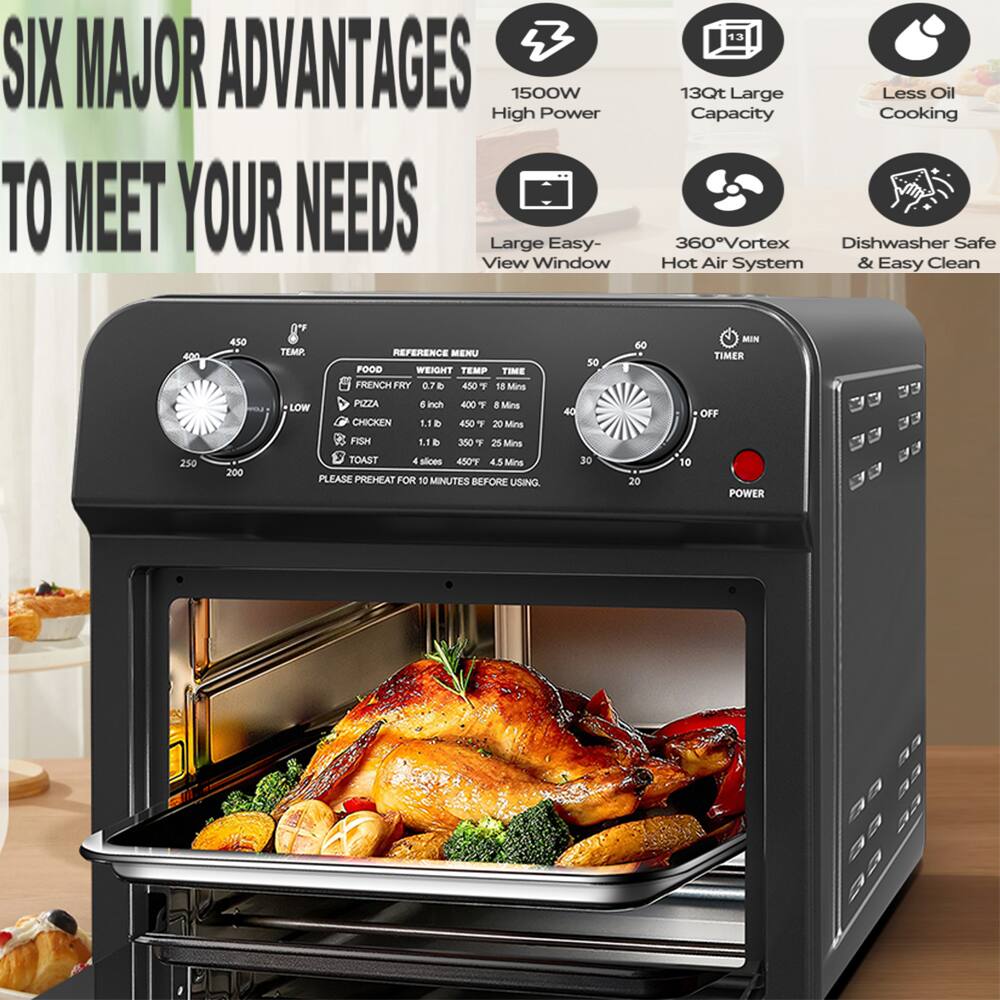 SIX MAJOR ADVANTAGES TO MEET YOUR NEEDS

1500W High Power  
13Qt Large Capacity  
Less Oil Cooking  
Large Easy-View Window  
360°Vortex Hot Air System  
Dishwasher Safe & Easy Clean  

REFERENCE MENU  
FOOD | WEIGHT | TEMP | TIME  
FRENCH FRY | 0.7 lb | 450°F | 8 Mins  
PIZZA 6 inch | 1 lb | 450°F | 7 Mins  
CHICKEN | 1.1 lb | 450°F | 20 Mins  
FISH | 1.1 lb | 350°F | 25 Mins  
TOAST 4 slices | 450°F | 4.5 Mins  

PLEASE PREHEAT FOR 10 MINUTES BEFORE USING  

TEMP | 200 250 300 350 400 450  
TIMER | 10 20 30 40 50 60  
POWER