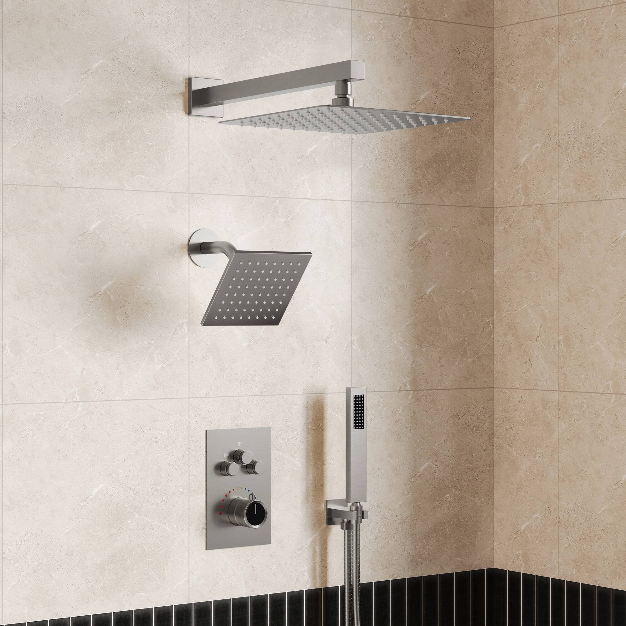 Angle. GRANDJOY - 12" Dual Rain Shower System with Handheld Shower, Thermostatic Valve and 3 Function Diverter Faucet Set - Brushed Nickel.