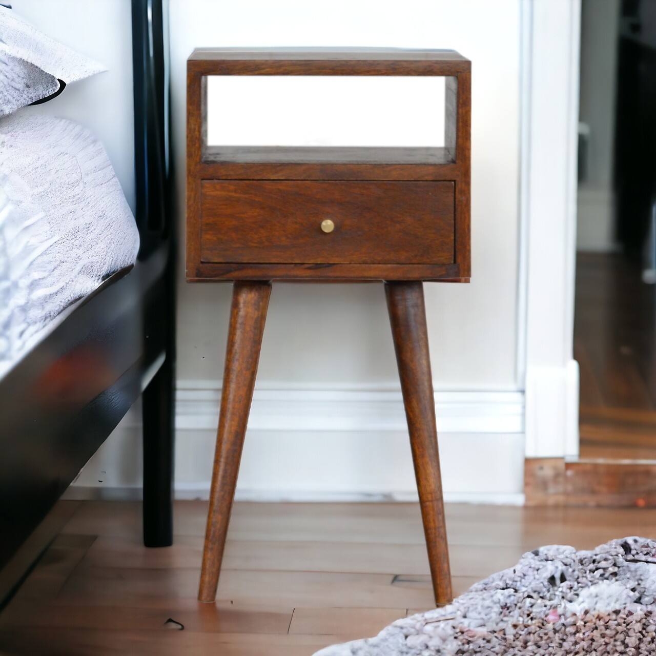Alt View 6. Artisan Furniture - Artisan Furniture Solid Wood Mini Chestnut Nightstand, 1 drawer, 1 Open Slot, Nordic legs, Dark Brown - Chestnut.