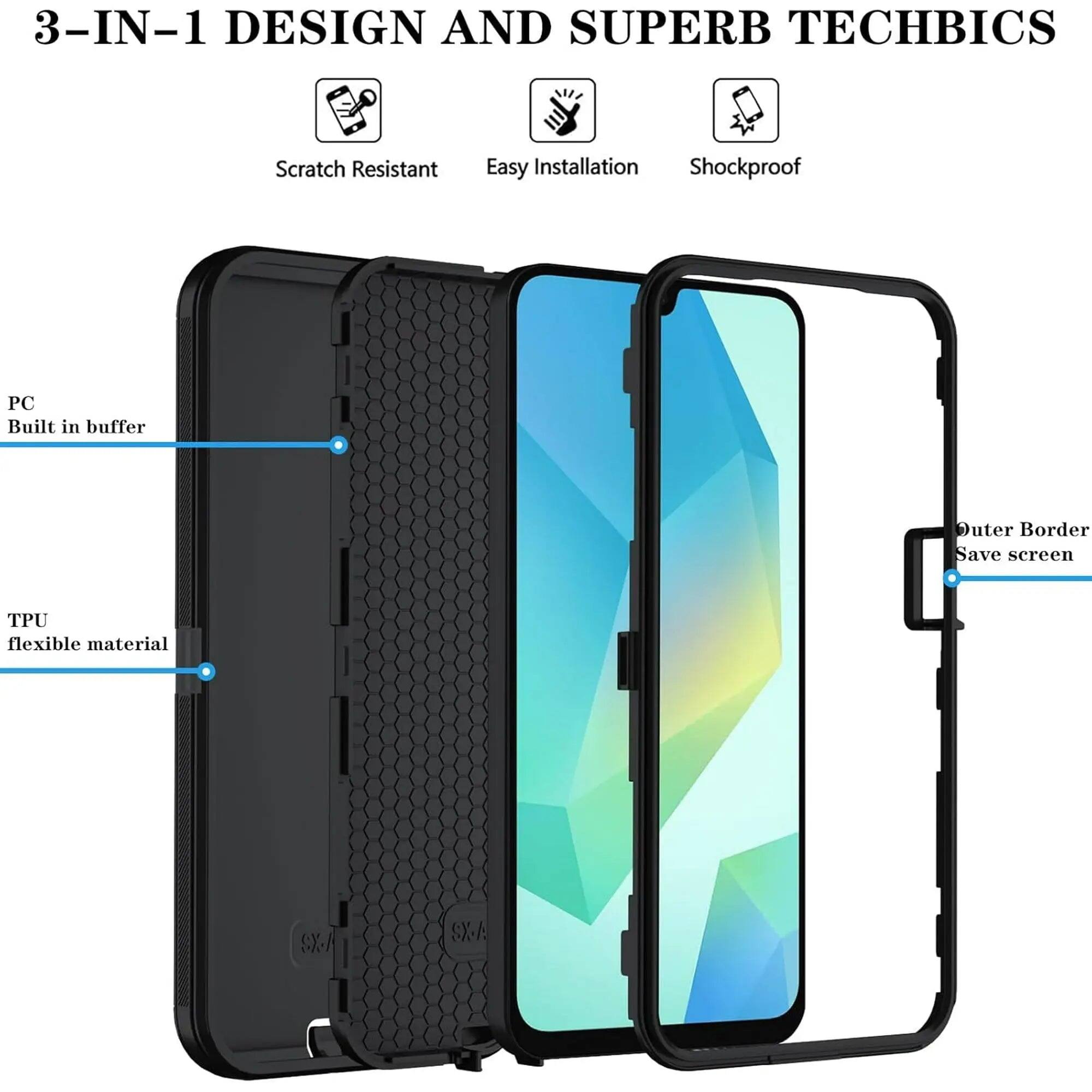 3-IN-1 DESIGN AND SUPERB TECHBICS

Scratch Resistant
Easy Installation
Shockproof

PC Built in buffer
TPU flexible material
Outer Border Save screen
