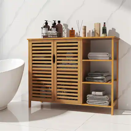 Front. Pefilos - 2-Door Bamboo Bathroom Cabinet, Storage Organizer with Shelves, Ventilated, Natural - Brown.