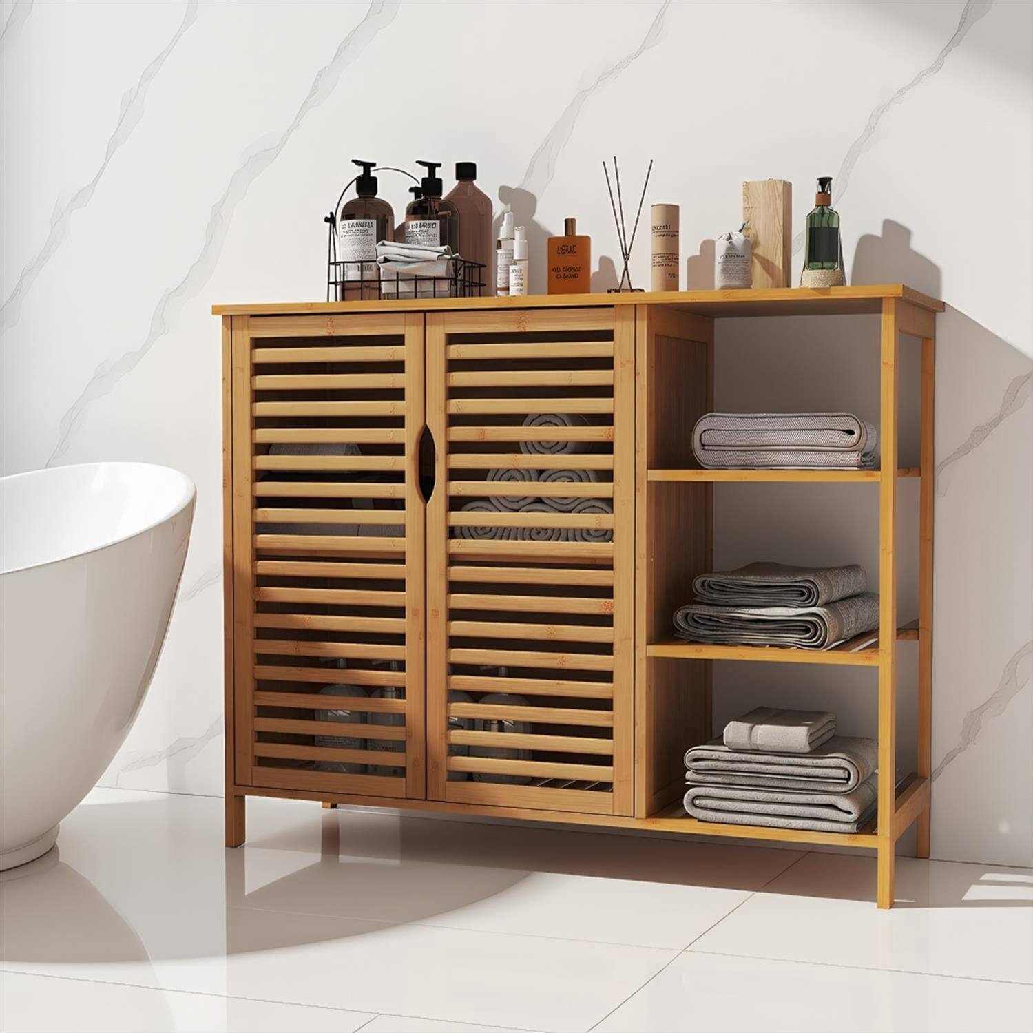 Front. Pefilos - 2-Door Bamboo Bathroom Cabinet, Storage Organizer with Shelves, Ventilated, Natural - Brown.