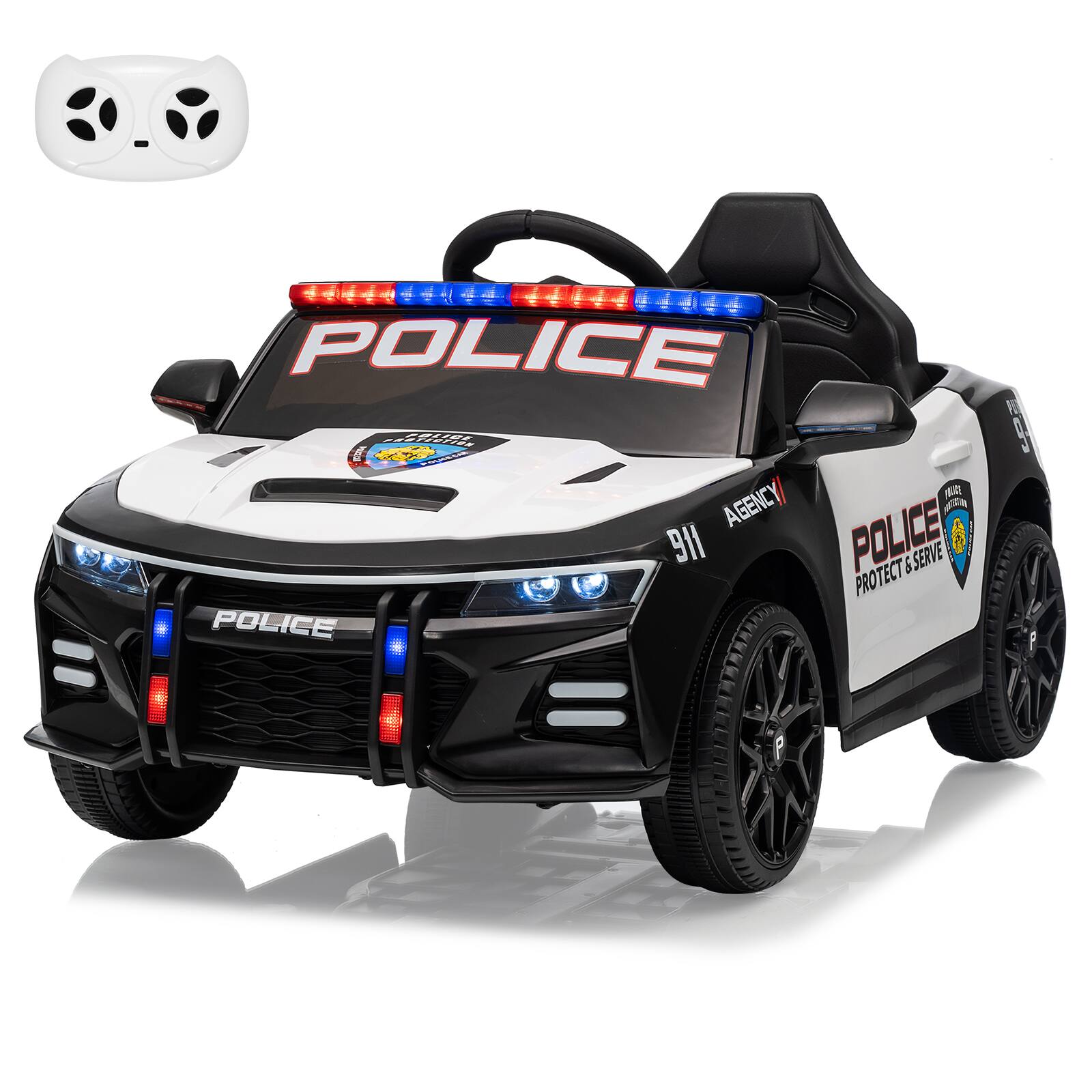 GARVEE - 12V Kids Police Ride-On Car, Electric Cop Vehicle w/Remote, Siren Sounds, Flashing Lights & Music - Black