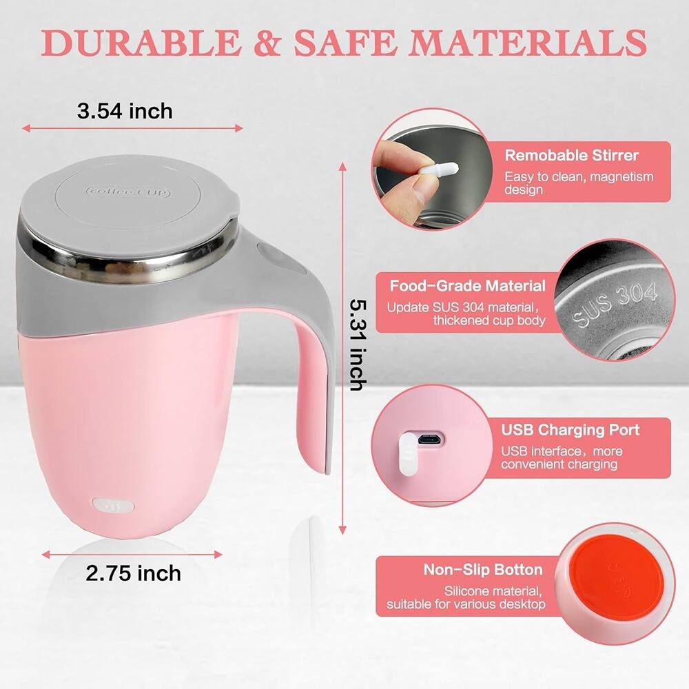 DURABLE & SAFE MATERIALS

3.54 inch

5.31 inch

2.75 inch

- Removable Stirrer
  Easy to clean, magnetism design

- Food-Grade Material
  Update SUS 304 material, thickened cup body

- USB Charging Port
  USB interface, more convenient charging

- Non-Slip Bottom
  Silicone material, suitable for various desktop