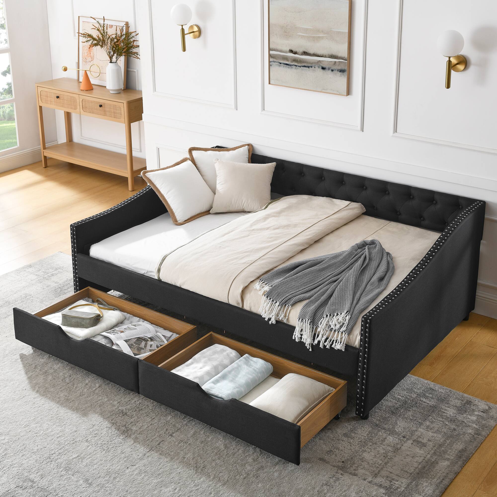 Angle. Tiramisubest - Full Size Daybed with Drawers Upholstered Tufted Sofa Bed, (80.5''x55.5''x27.5'') - Black.