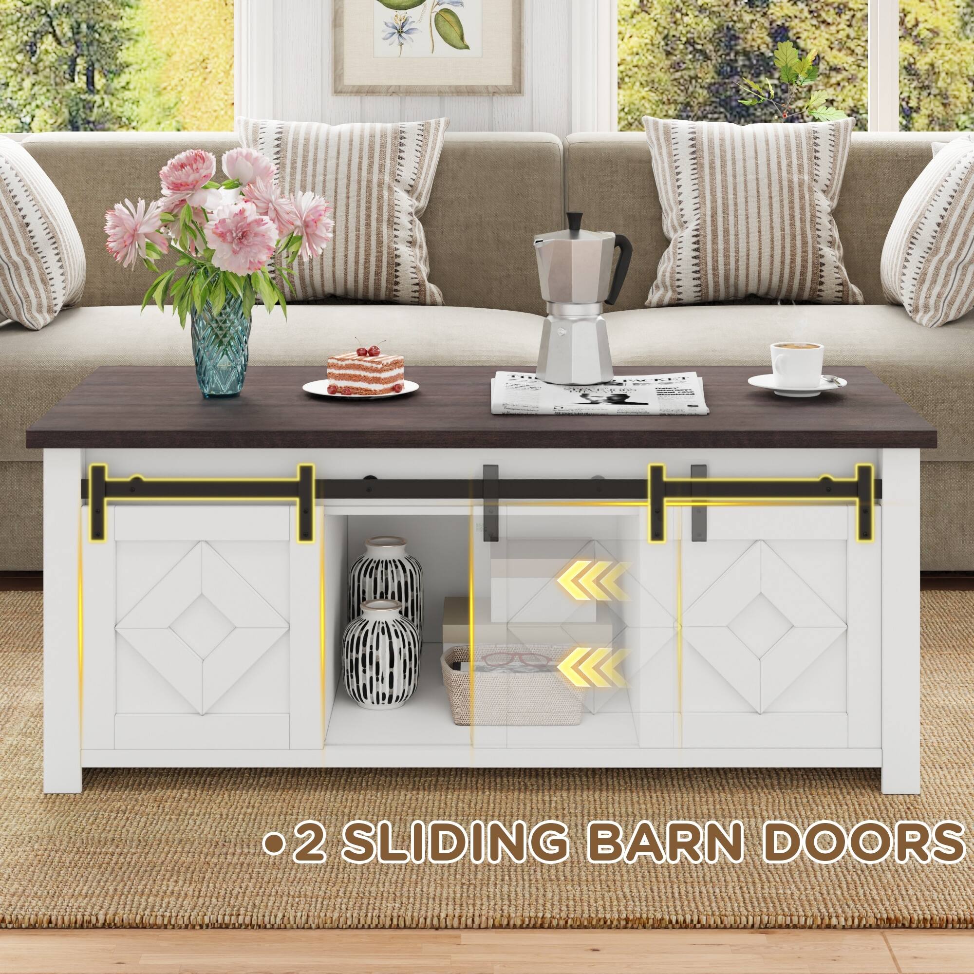 Alt View 4. U-HOMY - Lift Top Coffee Table with Storage and Sliding Barn Doors, Farmhouse Center Table for Living Room - White.