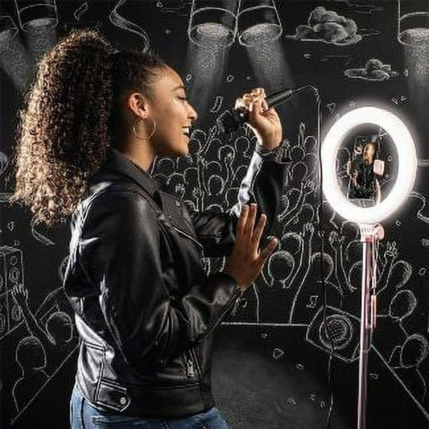 Left. Stock Preferred - Social Star Selfie Ring Light Stand with Wireless Remote.