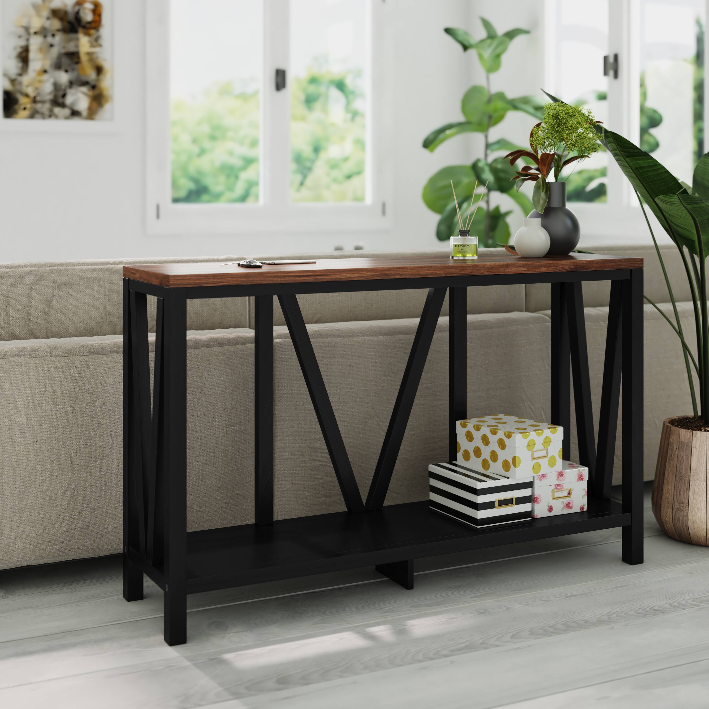 Alt View 3. Emma + Oliver - Owen Modern Farmhouse Entryway Console Accent Table - Walnut Top/Black Frame.