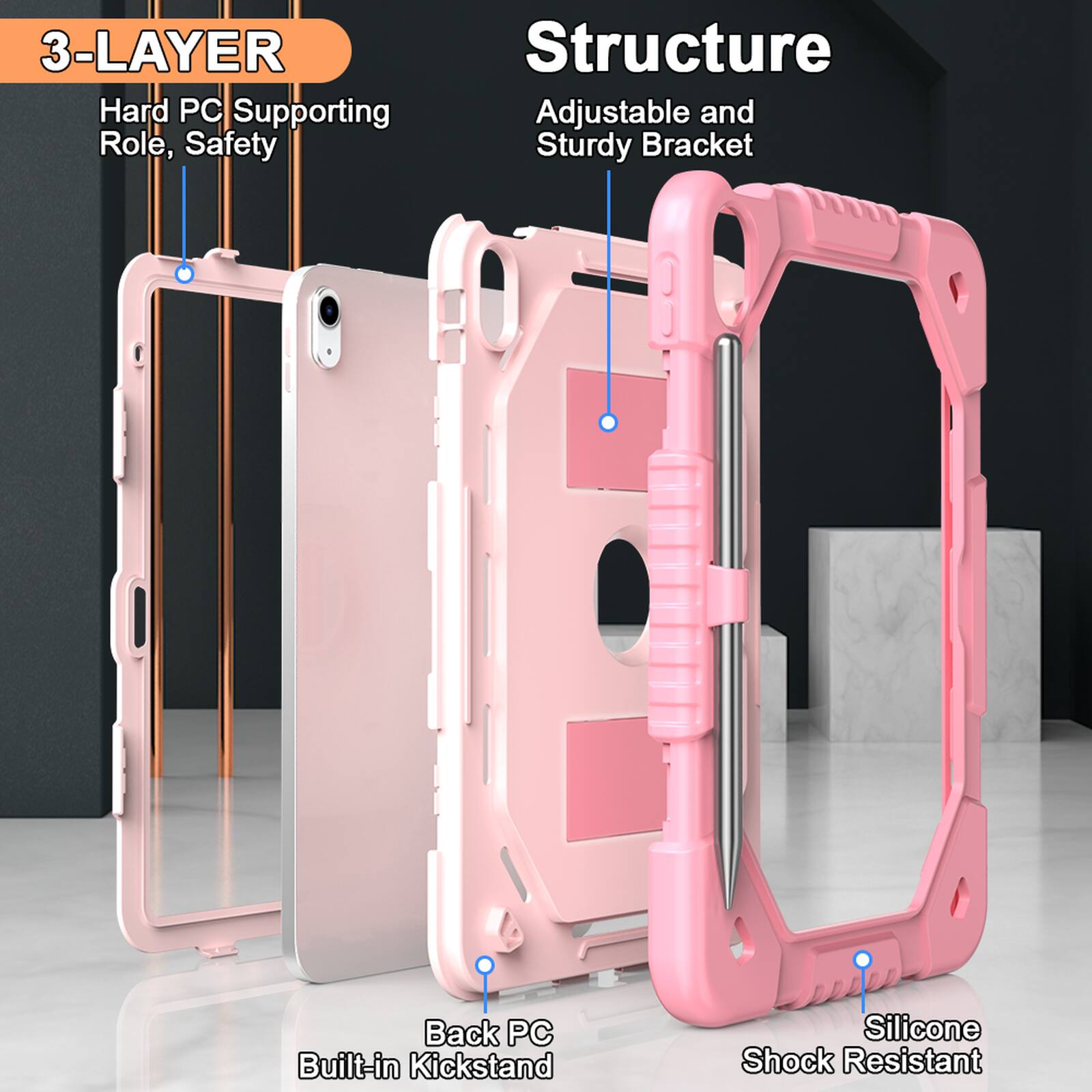3-LAYER Structure  
Hard PC Supporting Role, Safety  
Adjustable and Sturdy Bracket  
Back PC Built-in Kickstand  
Silicone Shock Resistant