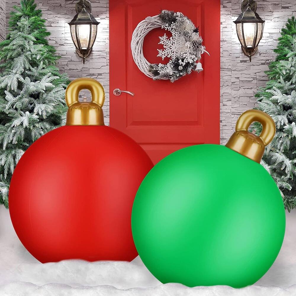 Front. Schertz - Set of 2 32" Giant Inflatable PVC Christmas Ball Ornaments for Outdoor Decor - ‎Red, Green.