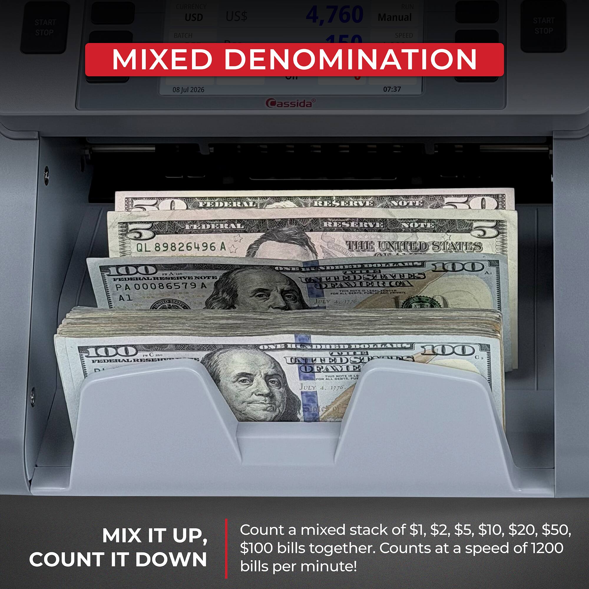 START STOP  
CURRENCY RUN USD US$ 4,760 Manual START STOP BATCH SPEED MIXED DENOMINATION  
08 Jul 2026  
Cassida  
07:37  

50 FEDERAL RESERVE NOTE  
5 FEDERAL RESERVE NOTE  
100 FEDERAL RESERVE NOTE  
100 FEDERAL RESERVE NOTE  

MIX IT UP, COUNT IT DOWN  
Count a mixed stack of $1, $2, $5, $10, $20, $50, $100 bills together. Counts at a speed of 1200 bills per minute!
