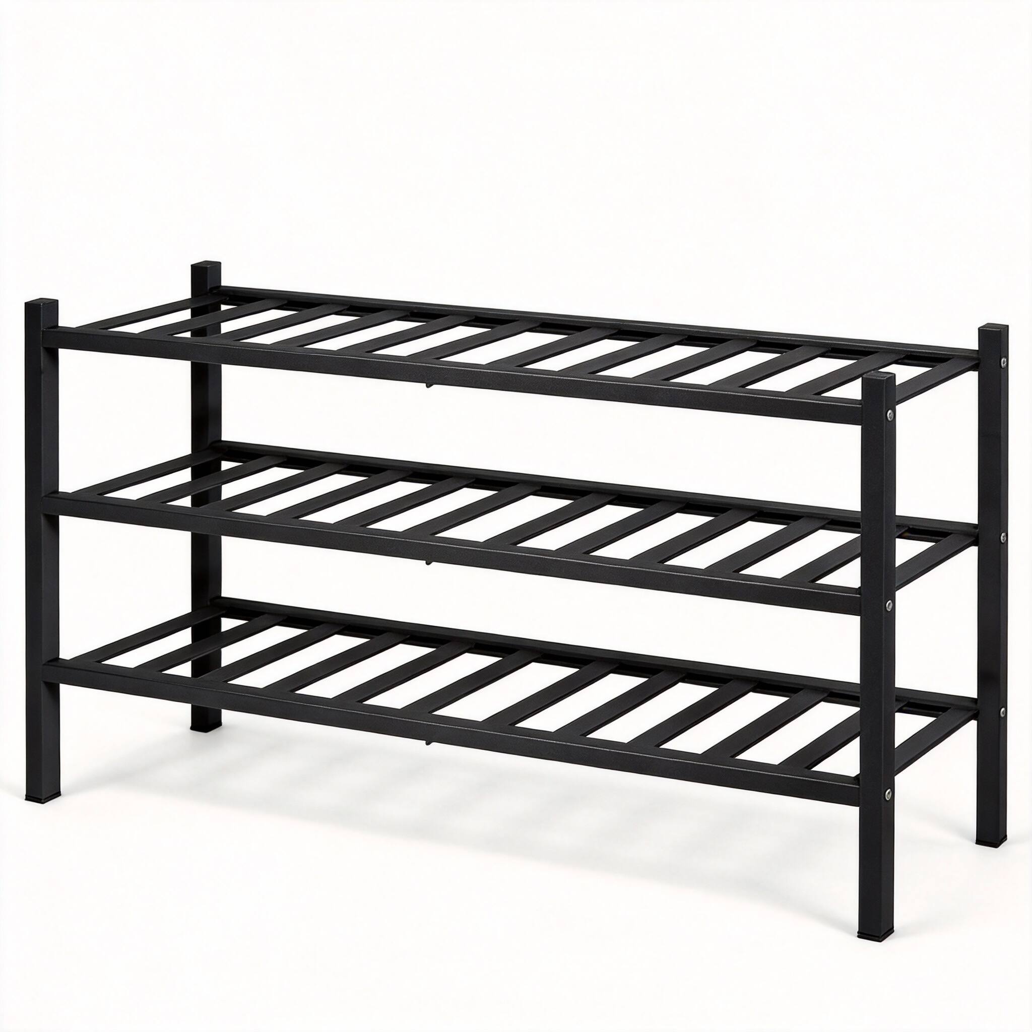 Front. CovertSafe - Bamboo Shoe Rack Stackable Modular Organizer 3-Tier Entryway Shelf - Black 26.8" Wide 3 Tiers.