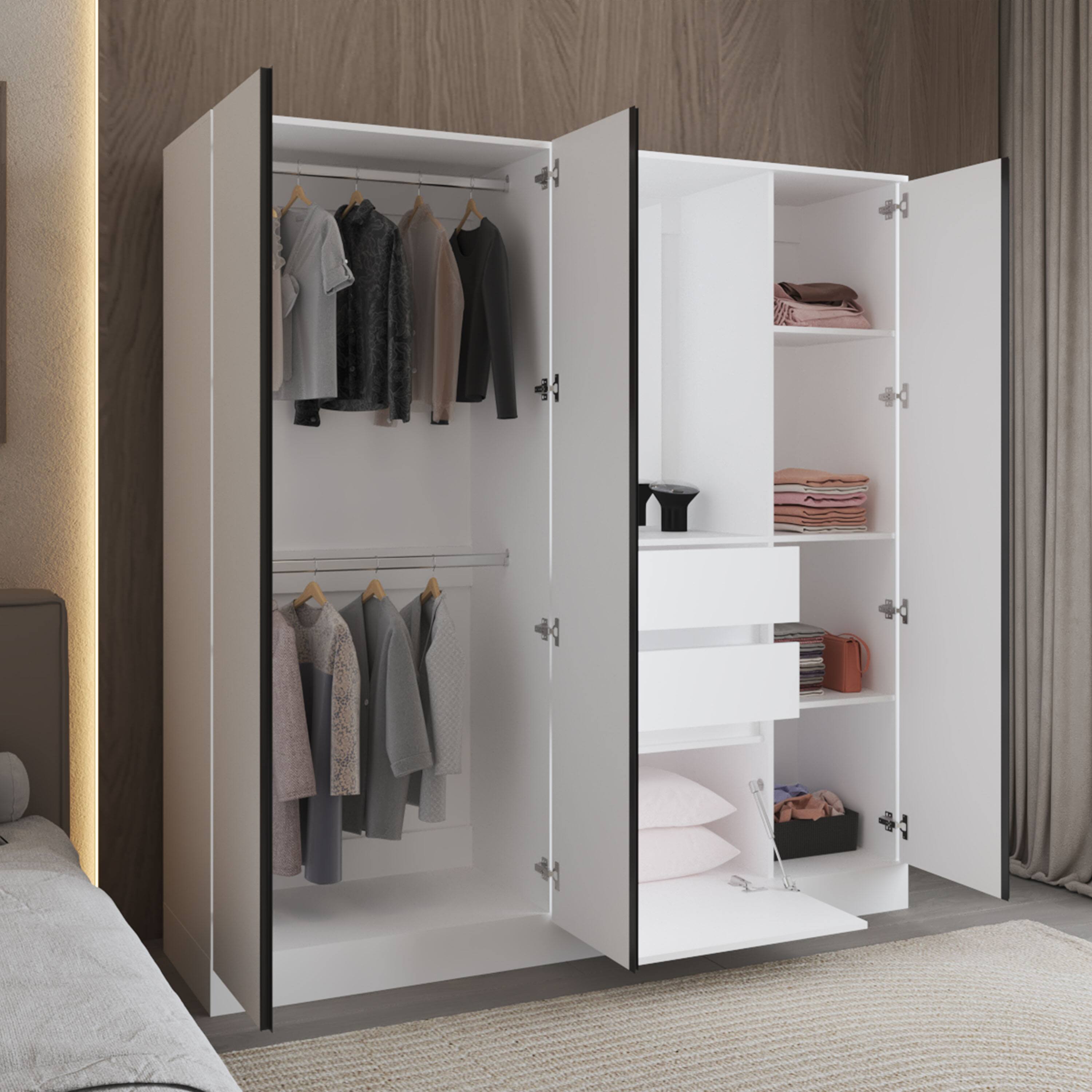 Back. TuHome - Kamelot 1,80 Armoire With Double Doors, Hanging Rod And Interior Shelves - White.