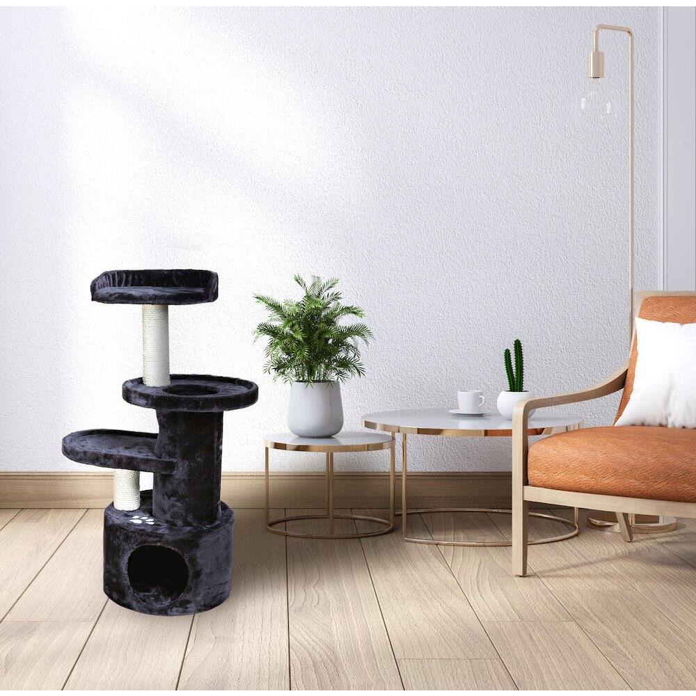 Left. TRIXIE - Oviedo Plush 3-Level Cat Tree with Sisal Scratching Posts, Condo & Tunnel - Dark Gray.