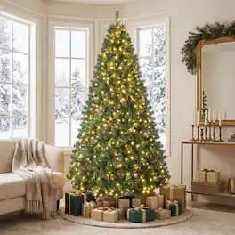 Gymax - 8 FT Pre-Lit Artificial Christmas Tree Realistic Full Xmas Tree w/880 Warm White LED Lights 1498 Dense Branch Tips - Green