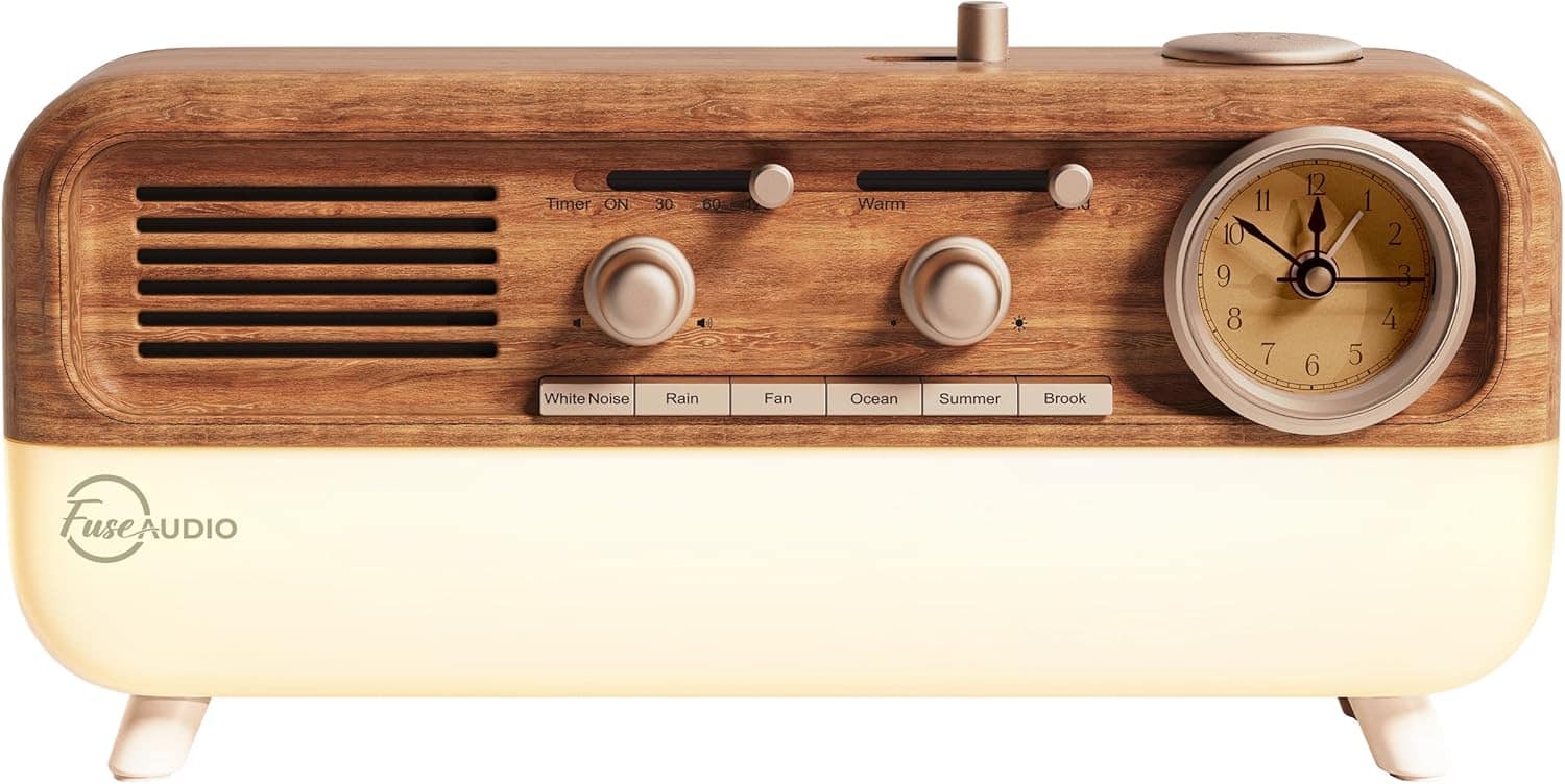 Fuse Audio - DRM Alarm Clock, Sleep and Sound Machine White Noise, Bluetooth Speaker, Analog Clock & Dimmable Light - Brown and White