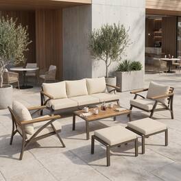 Whisen - 6-Piece Outdoor Patio Furniture Set with Acacia Wood Table, Steel Sofa, Armchairs & Ottomans for Garden - Brown|Beige
