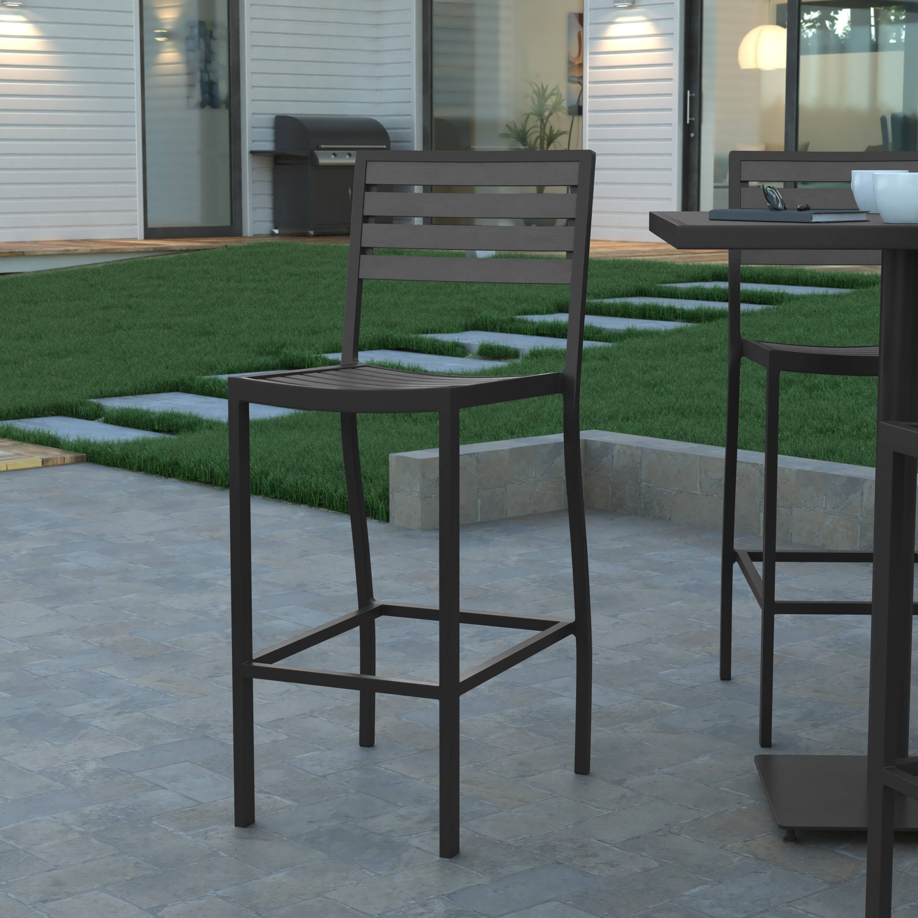 Alt View 1. Emma + Oliver - Livia All-Weather Armless Bar Height Dining Stool with Polyresin Slats and Aluminum Frame - Gray Wash.