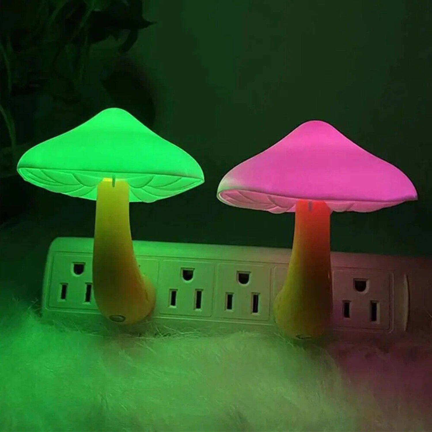 Angle. Stock Preferred - 2× Mushroom LED Night Lights – 7-Color Romantic Sensor Plug-in Wall Lamps - White.