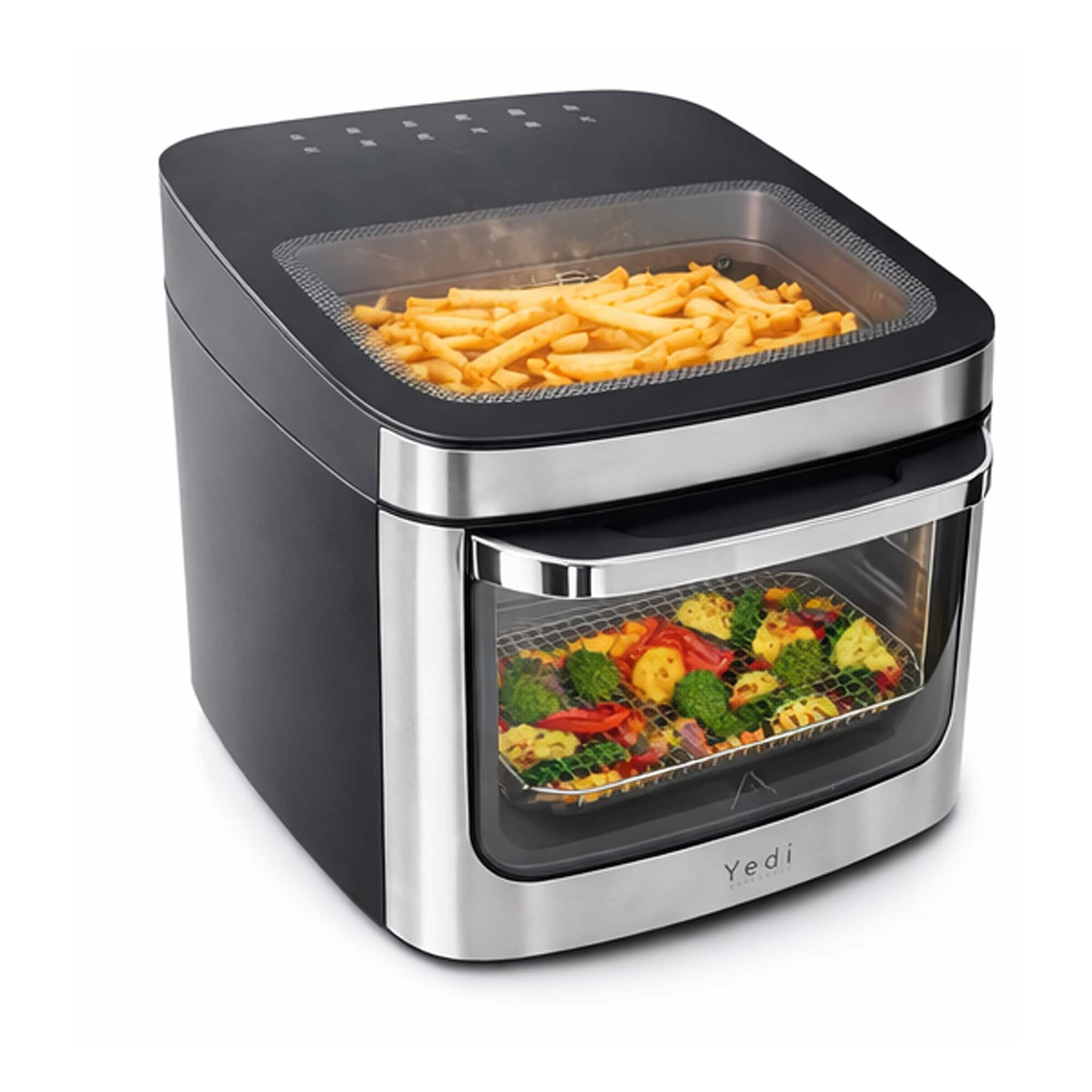 Yedi Houseware - Yedi PureView Air Fryer with Dual Viewing Windows, Rotisserie & Dehydrator, 12 Cooking Presets, Rotating Basket, Large 1 - Silver and Black