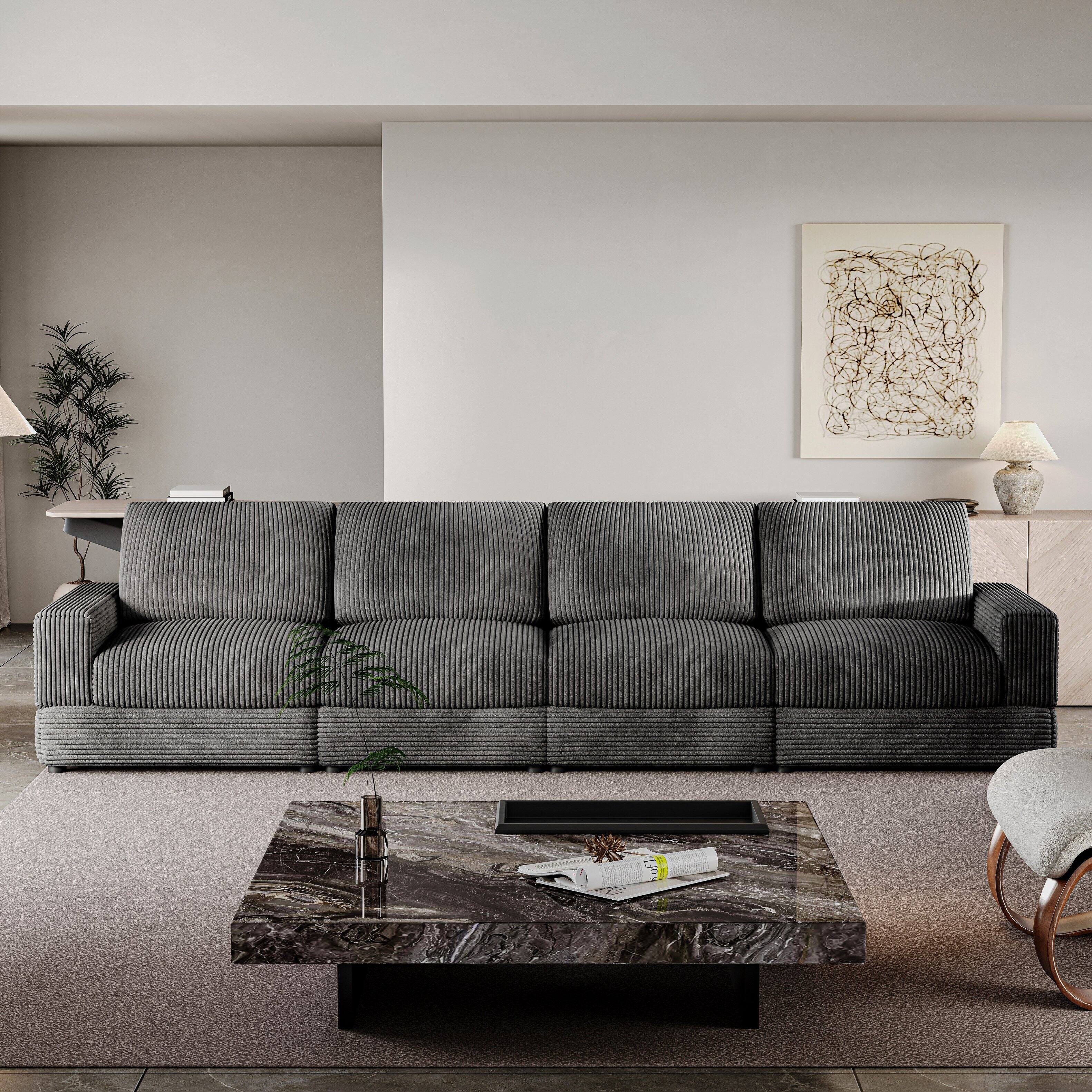 Alt View 2. MSOOB - 138'' 4-Seater Corduroy Sofa Extra Wide Corduroy Couch with Pillows Back and Deep Seat for Theater Rooms (Black) - Black.